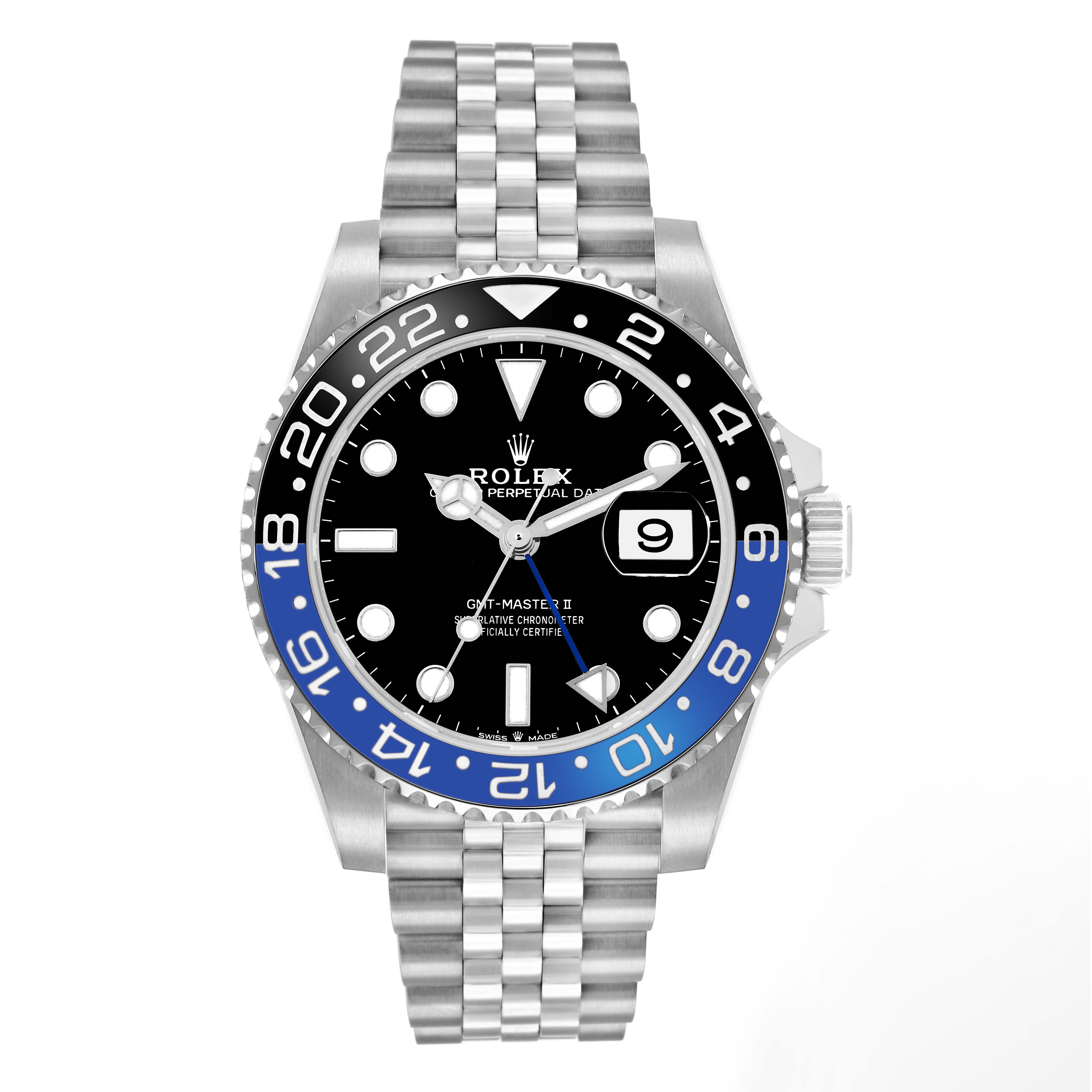 The Rolex GMT-Master 126710BLNR Men
s Stainless Steel Black Dial watch is shown from the front, featuring its bezel, dial, and Jubilee bracelet clearly.