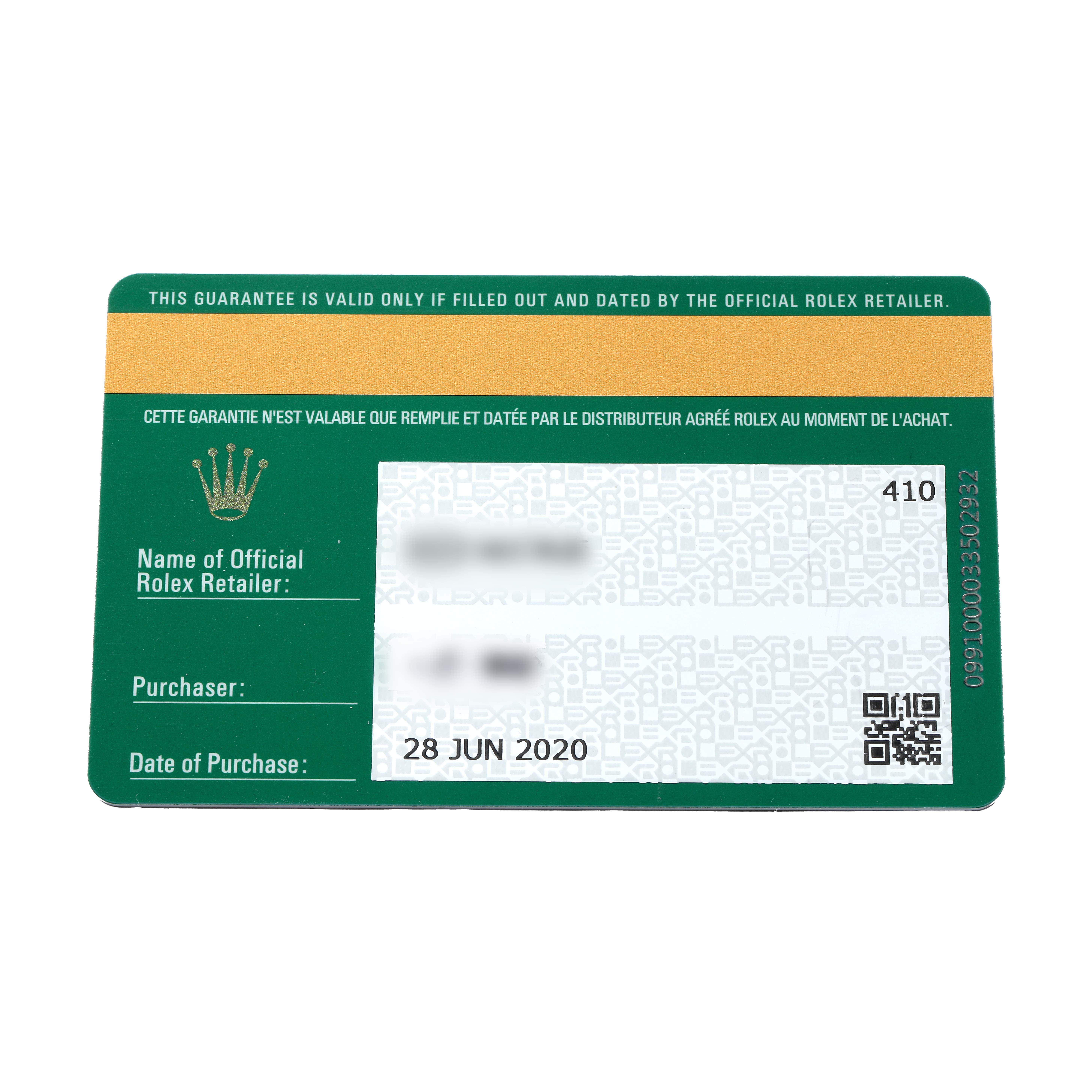 The image shows a warranty card for a Rolex GMT-Master 126710BLNR Men
s Stainless Steel Black Dial watch, displaying details like the purchase date and retailer.