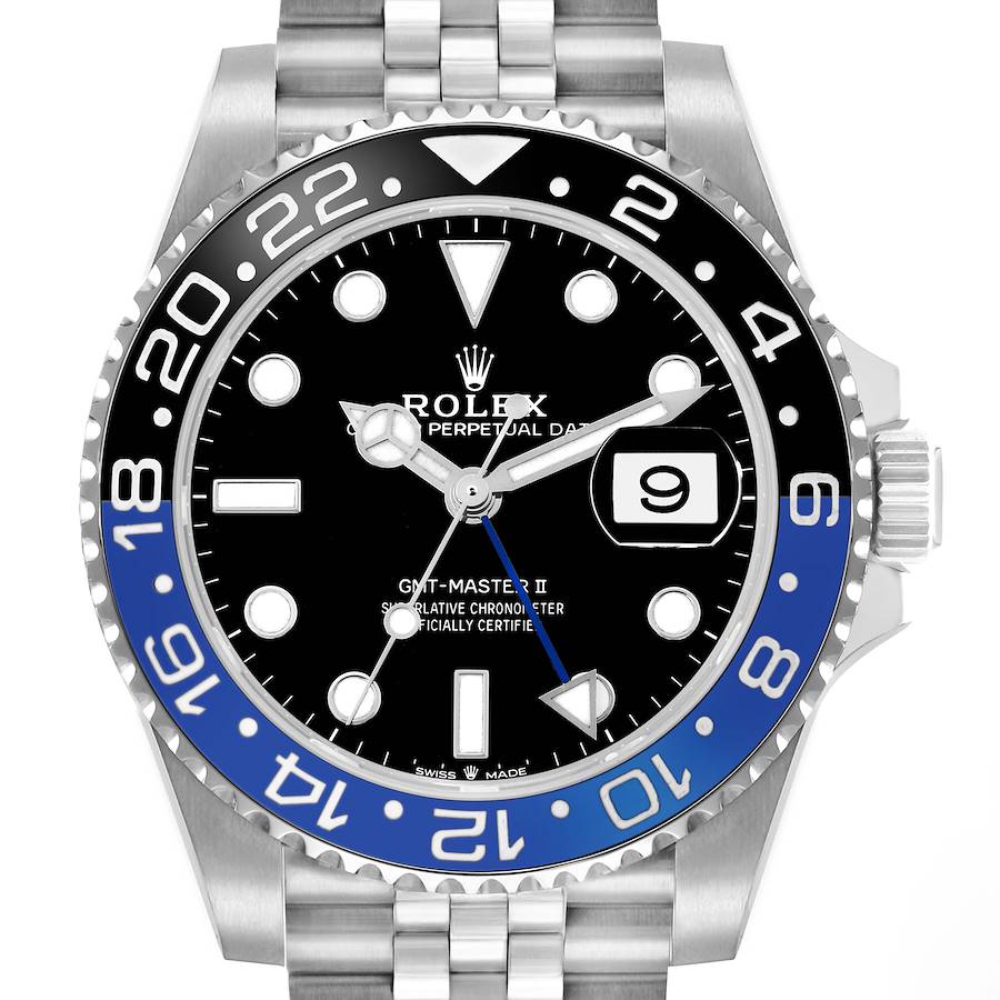 The image shows a frontal view of a Rolex GMT-Master 126710BLNR Men's Stainless Steel Black Dial II, highlighting the bezel, dial, hands, and part of the bracelet.