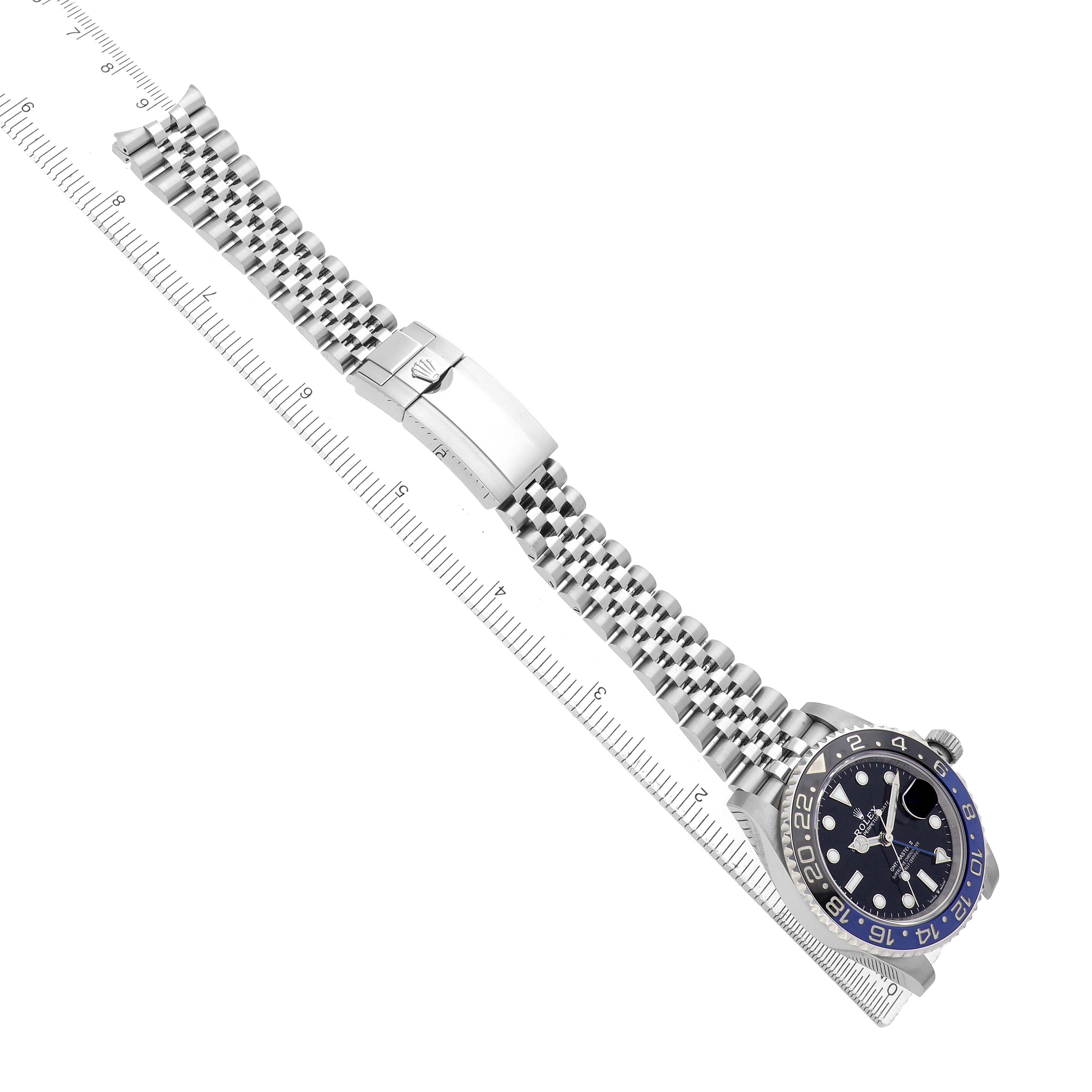 The Rolex GMT-Master 126710BLNR Men
s Stainless Steel Black Dial watch is shown at an angle with the face, bezel, and bracelet clasp visible.