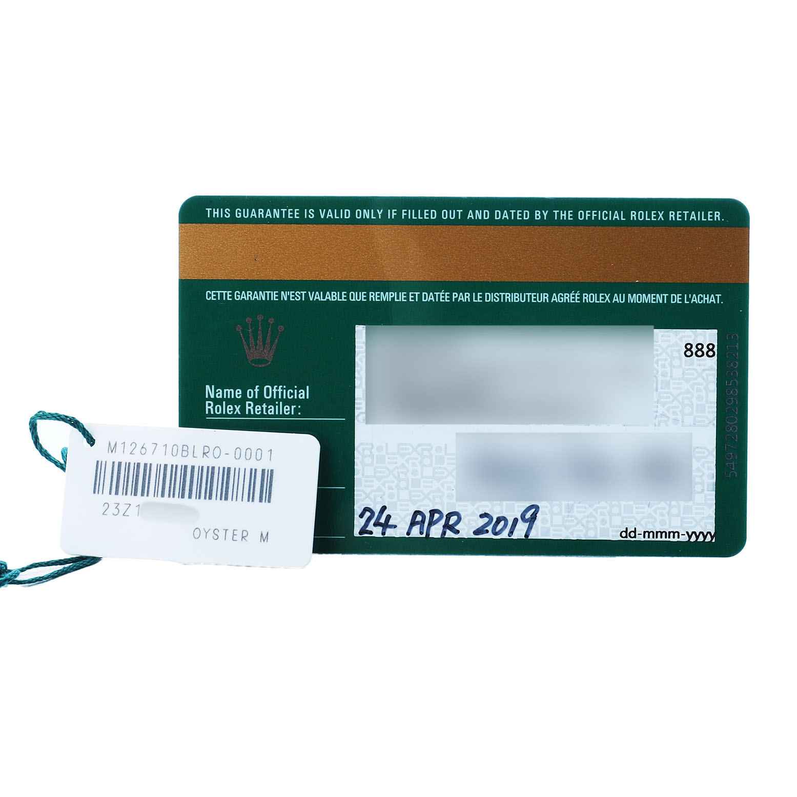 This image shows a warranty card and a hang tag for the Rolex GMT-Master 126710BLRO Men's Stainless Steel Black Dial model.