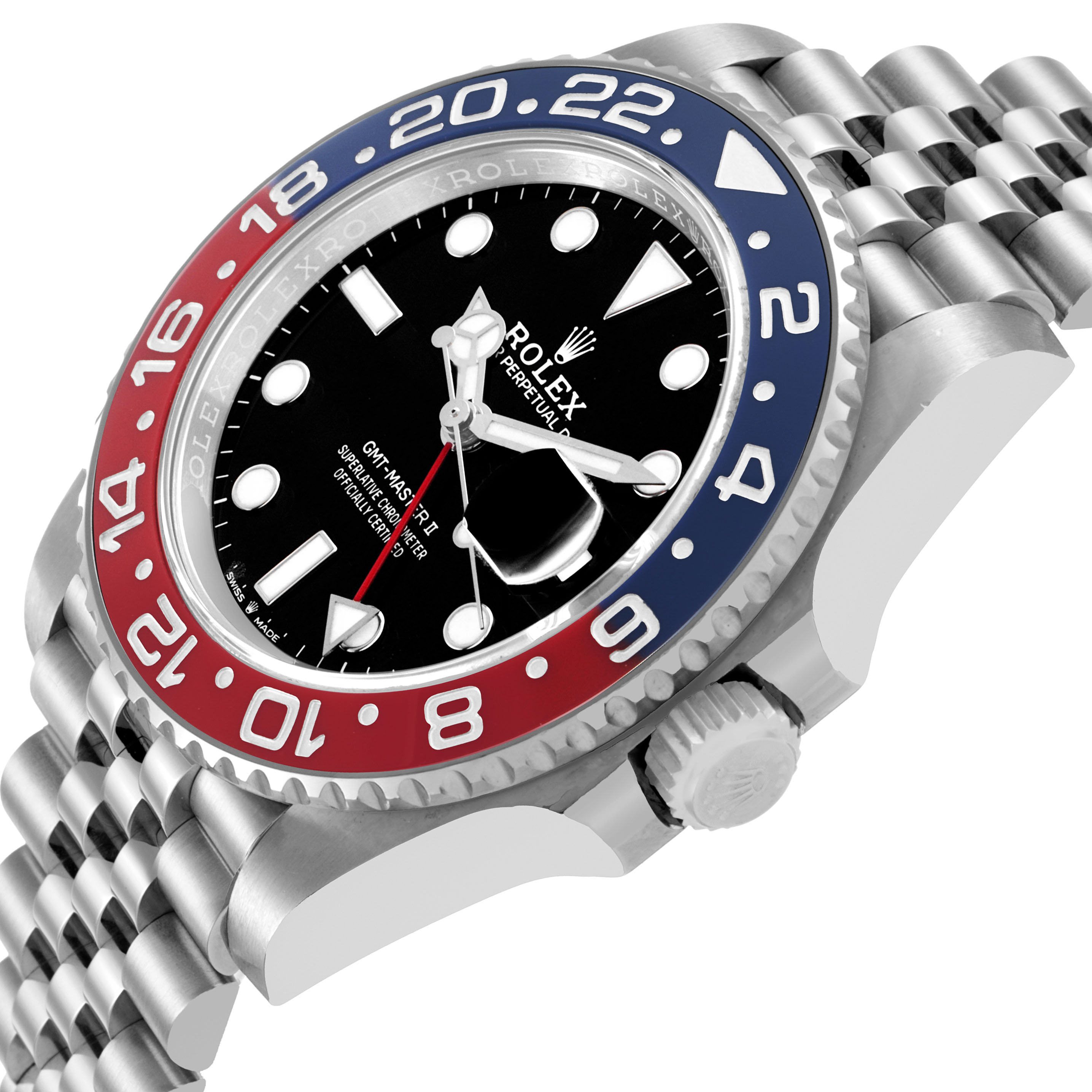 The Rolex GMT-Master 126710BLRO Men's Stainless Steel Black Dial watch is angled to show the bezel, crown, and bracelet, highlighting its red and blue color scheme.