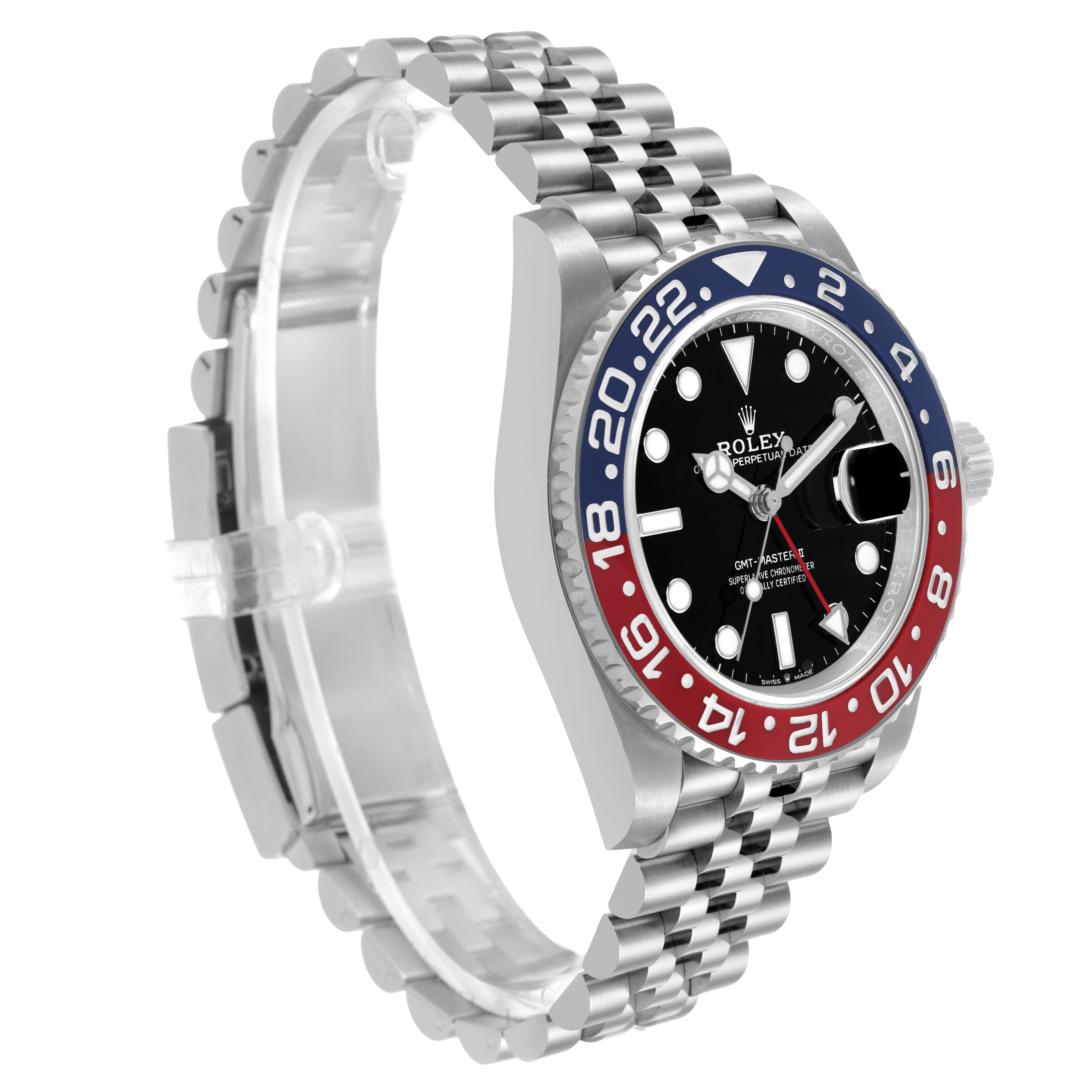 The Rolex GMT-Master 126710BLRO Men's Stainless Steel Black Dial watch is shown at an angled side view, featuring the bezel, dial, and jubilee bracelet.