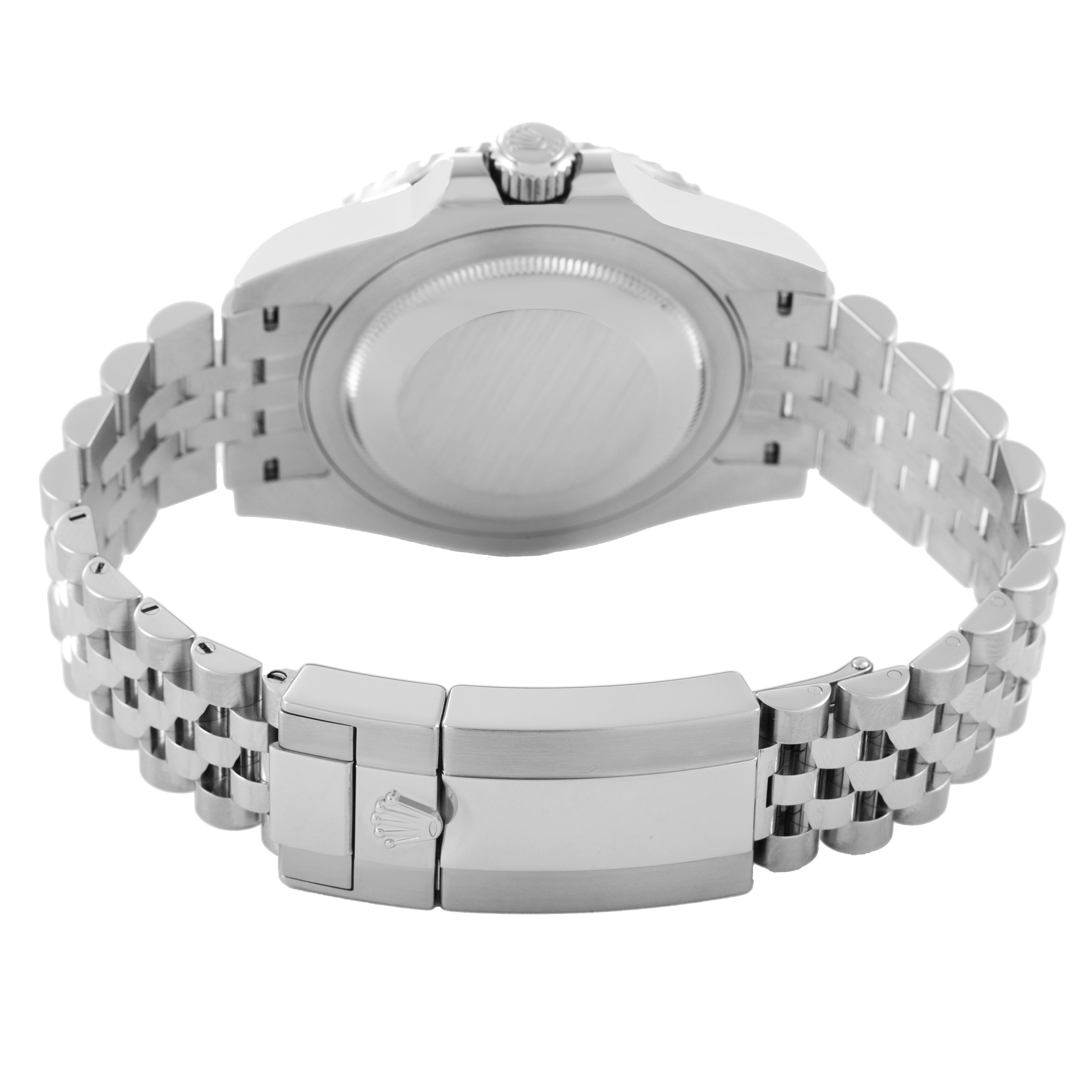 The image shows the back view of a Rolex GMT-Master 126710BLRO Men's Stainless Steel Black Dial watch, highlighting the case back and bracelet with the clasp.