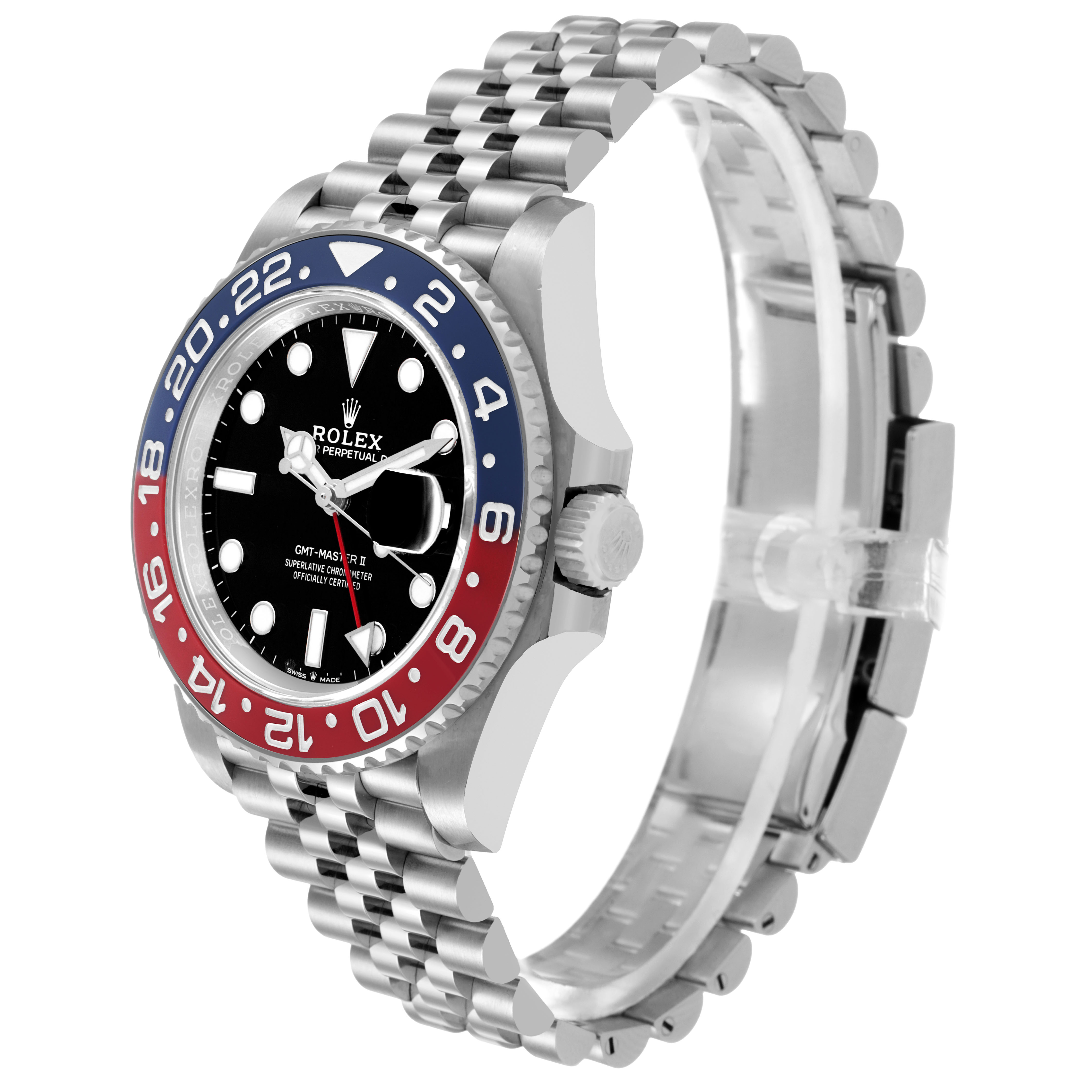 The Rolex GMT-Master 126710BLRO Men's Stainless Steel Black Dial watch is shown at a three-quarter angle, highlighting the bezel, crown, and jubilee bracelet.