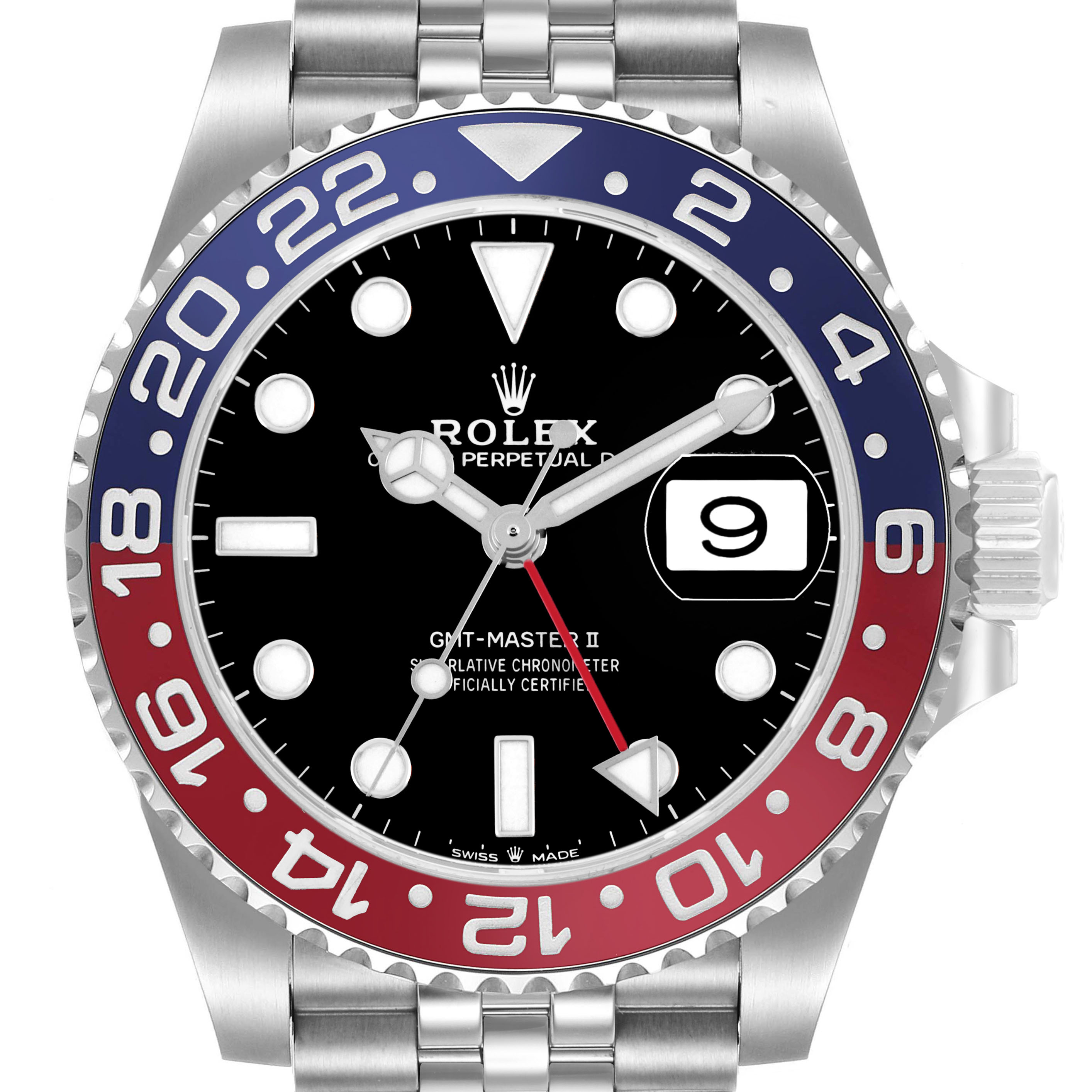 The Rolex GMT-Master 126710BLRO Men's Stainless Steel Black Dial model is shown from the front, highlighting its bezel, dial, hands, and date window.