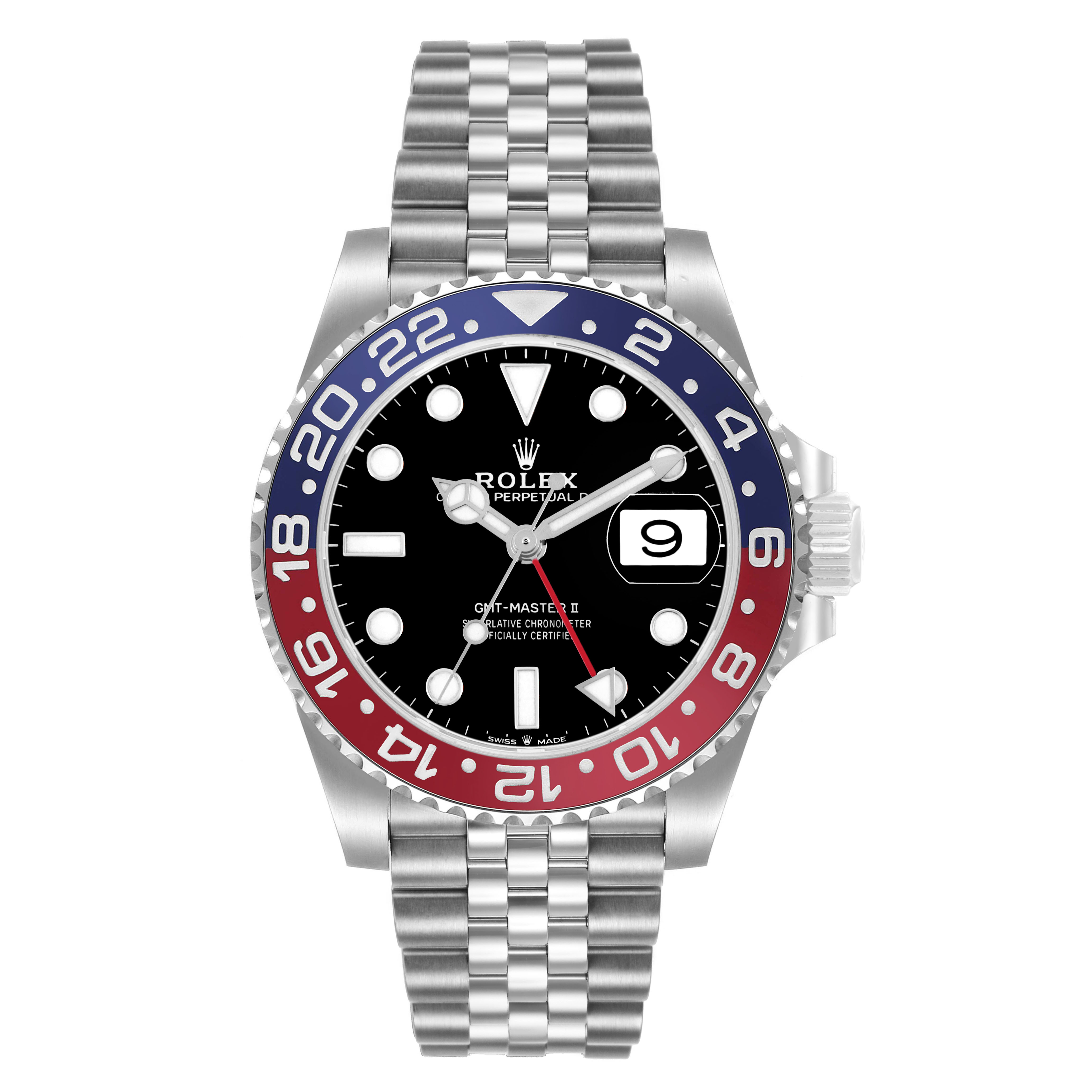 The Rolex GMT-Master 126710BLRO Men's Stainless Steel Black Dial watch is shown from a front angle, displaying the bezel, dial, hands, crown, and bracelet.