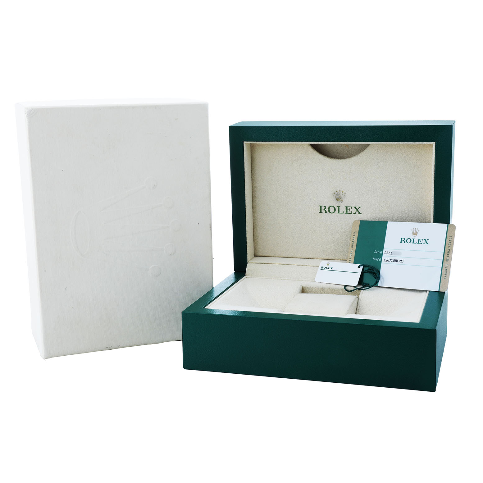 The image shows the open box and certificate of a Rolex GMT-Master 126710BLRO Men's Stainless Steel Black Dial watch.