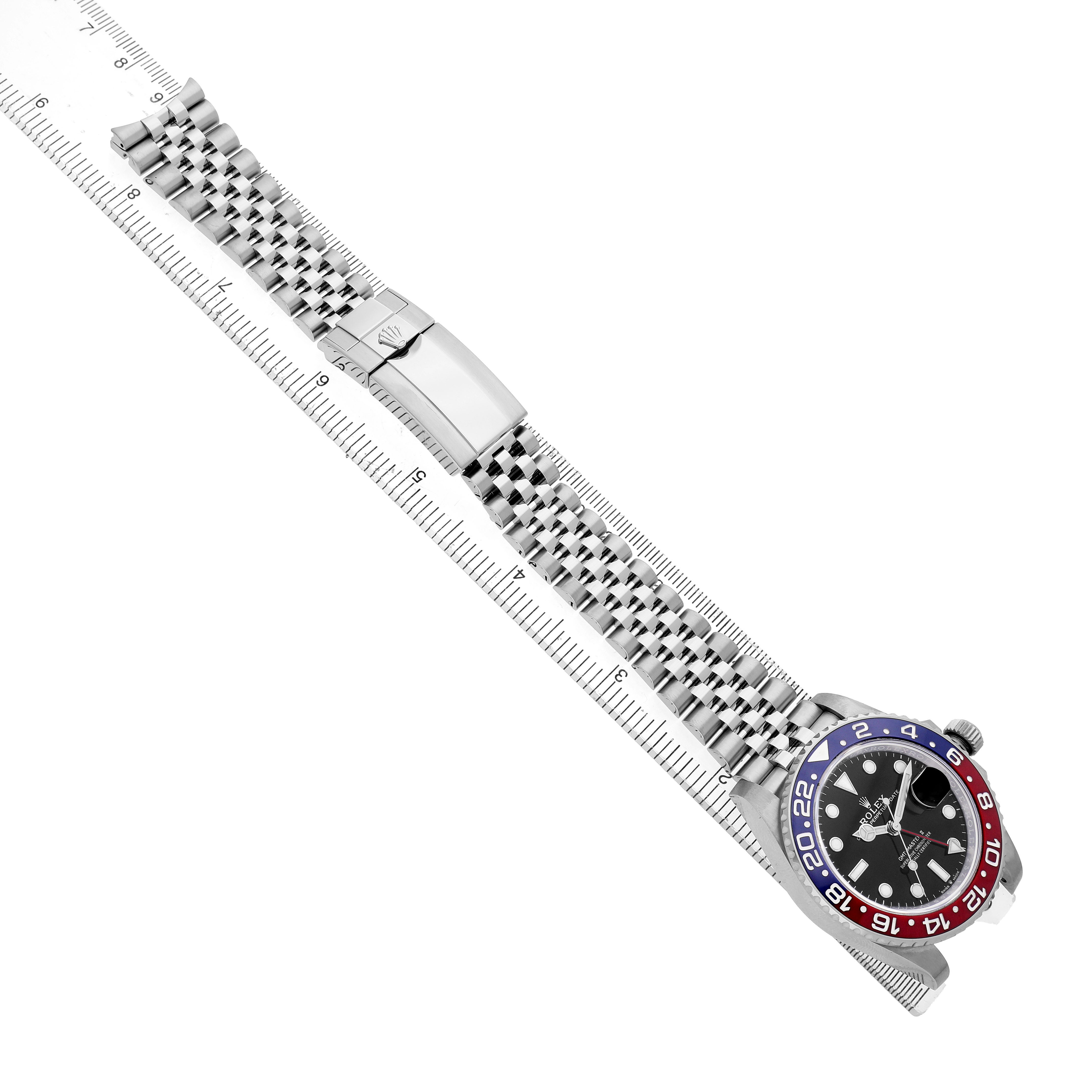 The Rolex GMT-Master 126710BLRO Men's Stainless Steel Black Dial is shown from a top-down angle, highlighting the bezel, dial, and bracelet clasp.