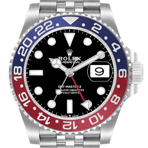 The Rolex GMT-Master 126710BLRO Men's Stainless Steel Black Dial II watch is shown from a front angle, displaying the bezel, dial, hands, and date window.