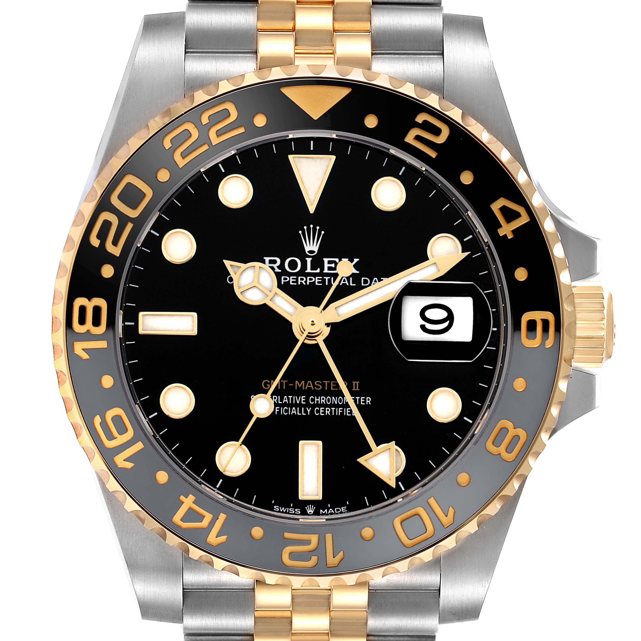 The Rolex GMT-Master 126713 Men
s Steel and Gold (two tone) Black Dial II is shown from the front, featuring the bezel, dial, hands, and part of the bracelet.