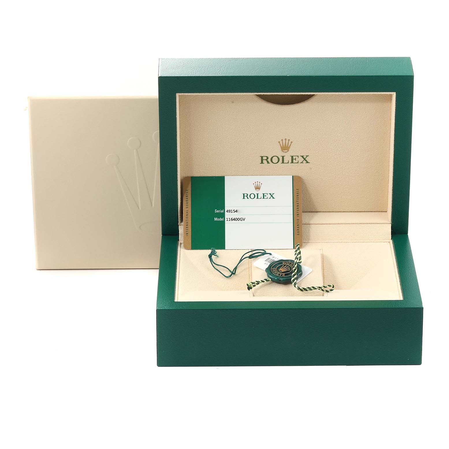 The image shows the box, warranty card, and accessories for the Rolex Milgauss 116400GV Men
s Stainless Steel Blue Dial 116400GV Men
s Stainless Steel Blue Dial watch model.