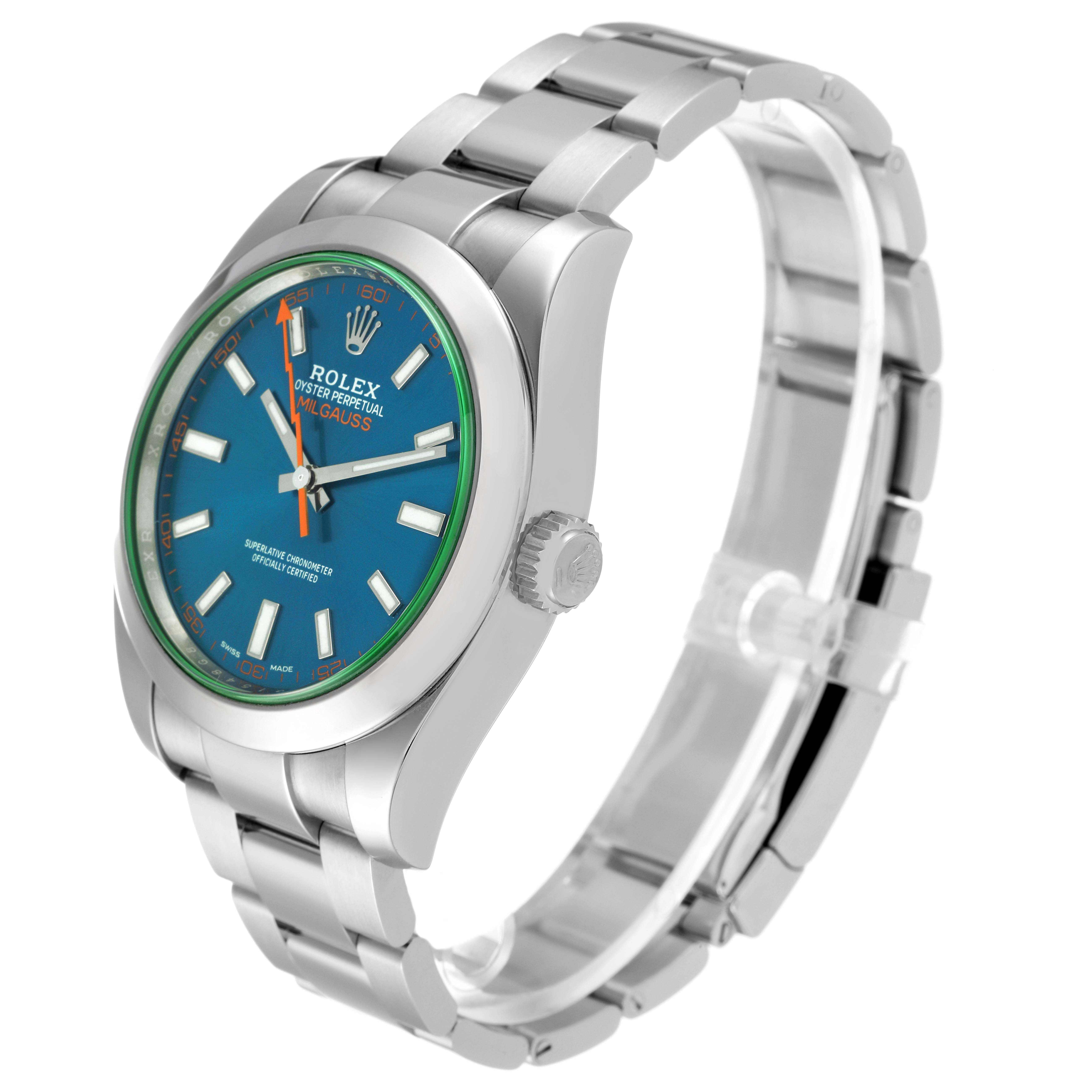 The image shows a side angle of the Rolex Milgauss 116400GV Men
s Stainless Steel Blue Dial 116400GV Men
s Stainless Steel Blue Dial watch, highlighting the face, crown, and bracelet.