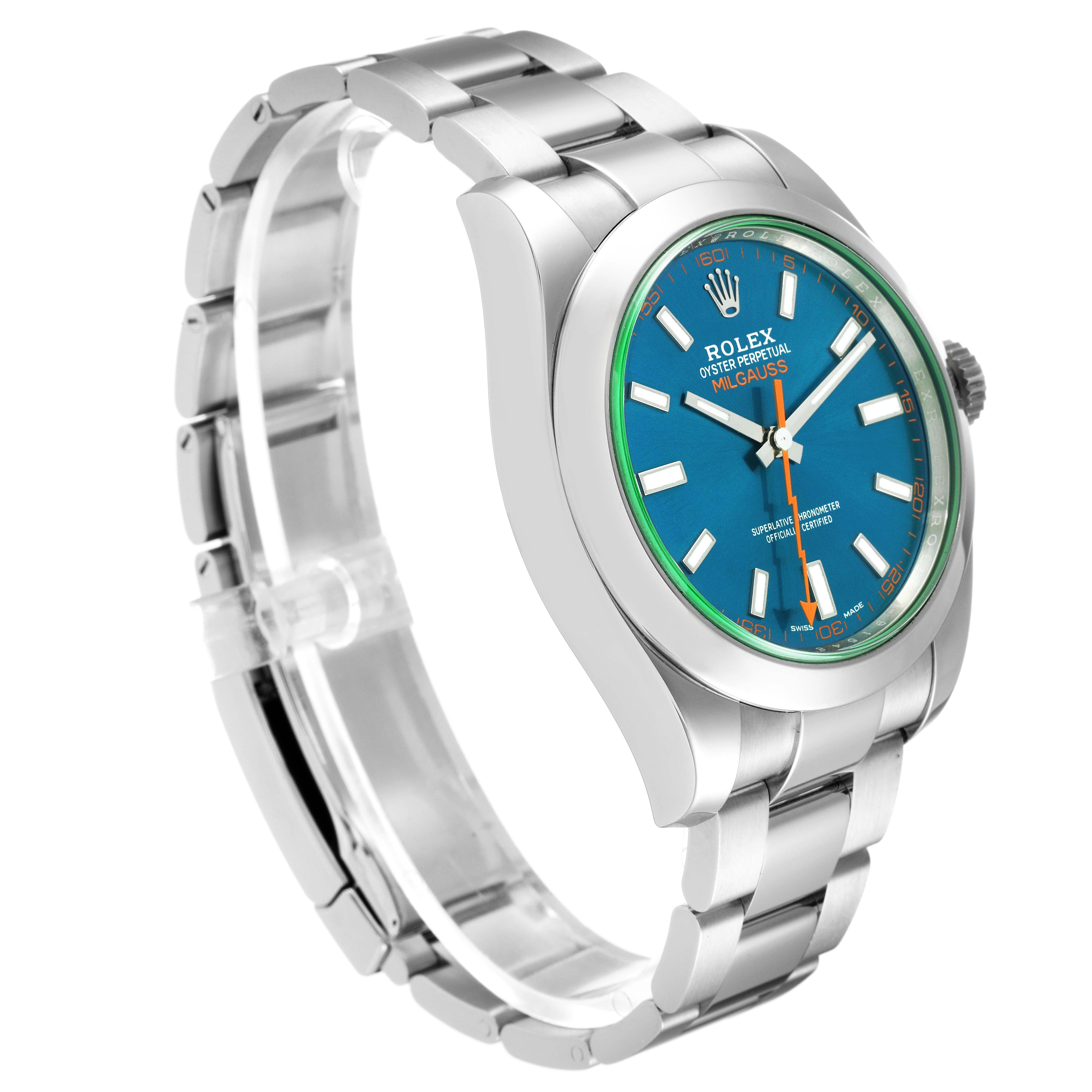 This image shows a Rolex Milgauss 116400GV Men
s Stainless Steel Blue Dial 116400GV Men
s Stainless Steel Blue Dial watch at an angle highlighting the blue dial, green crystal, and stainless steel bracelet.