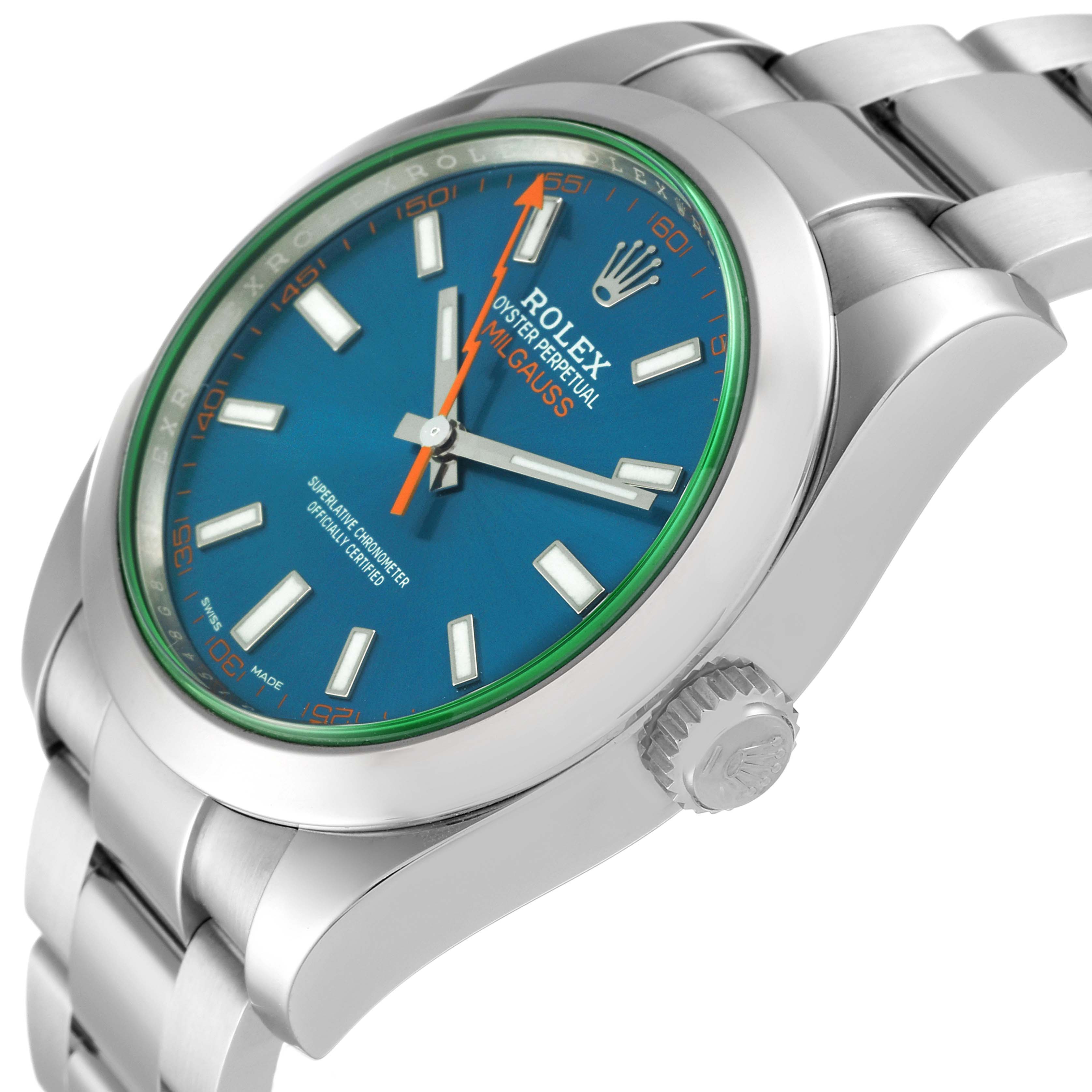 The image shows a side and angled view of a Rolex Milgauss 116400GV Men
s Stainless Steel Blue Dial 116400GV Men
s Stainless Steel Blue Dial watch, highlighting the blue dial, green sapphire crystal, and stainless steel bracelet.
