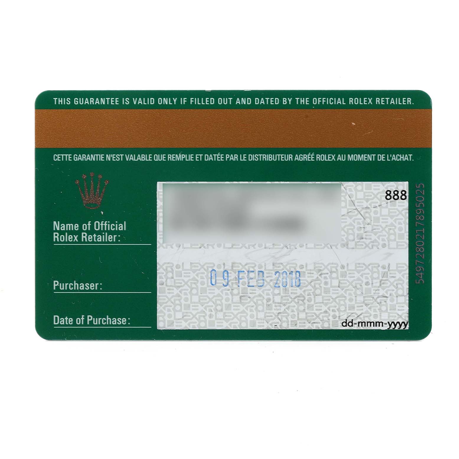 This image shows the warranty card for a Rolex Milgauss 116400GV Men
s Stainless Steel Blue Dial 116400GV Men
s Stainless Steel Blue Dial watch, including the retailer
s details and purchase date.