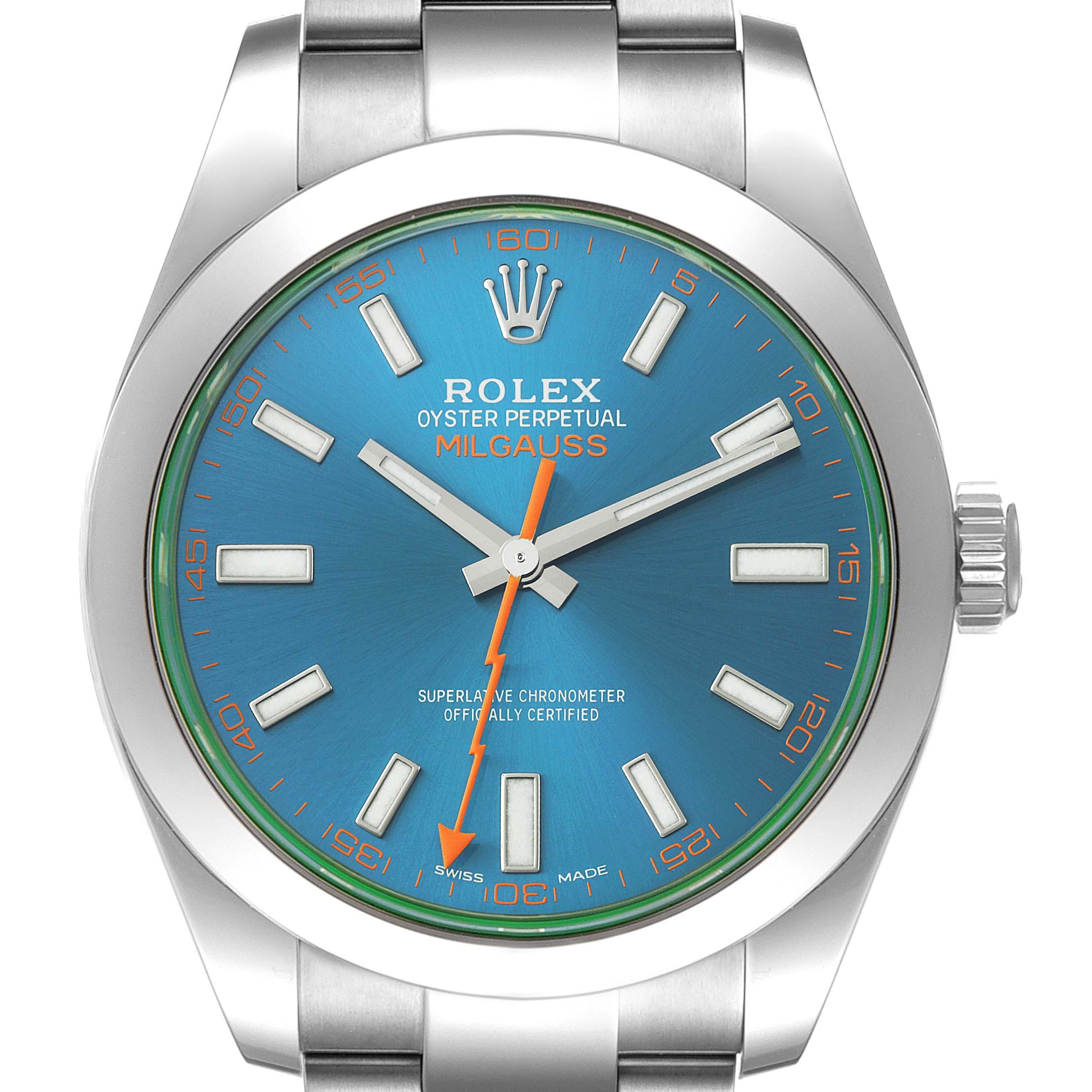 This image shows a front view of the Rolex Milgauss 116400GV Men
s Stainless Steel Blue Dial 116400GV Men
s Stainless Steel Blue Dial watch, highlighting the dial, hands, and bracelet.