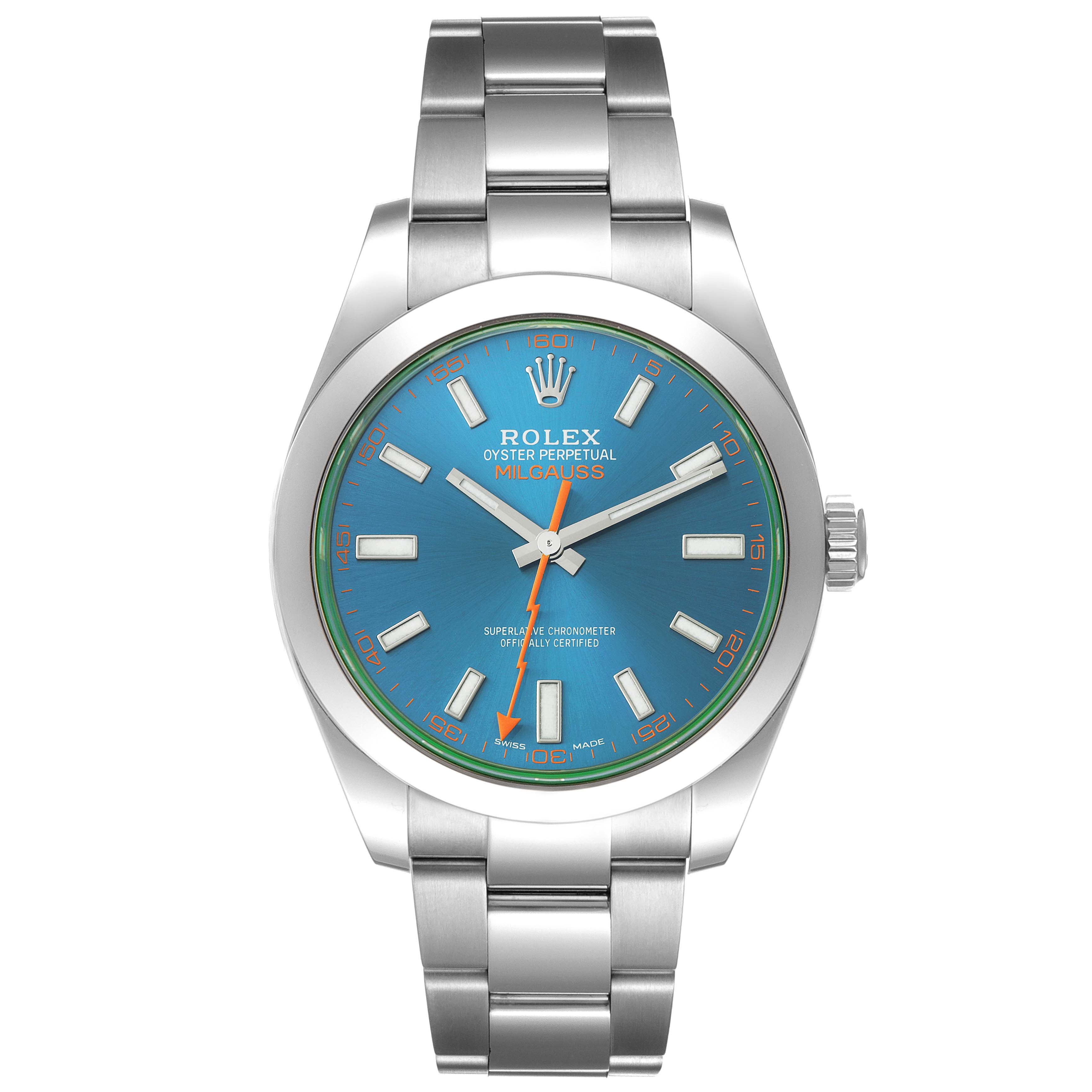 This image shows a front view of a Rolex Milgauss 116400GV Men
s Stainless Steel Blue Dial 116400GV Men
s Stainless Steel Blue Dial watch, displaying its blue dial, stainless steel case, and bracelet.