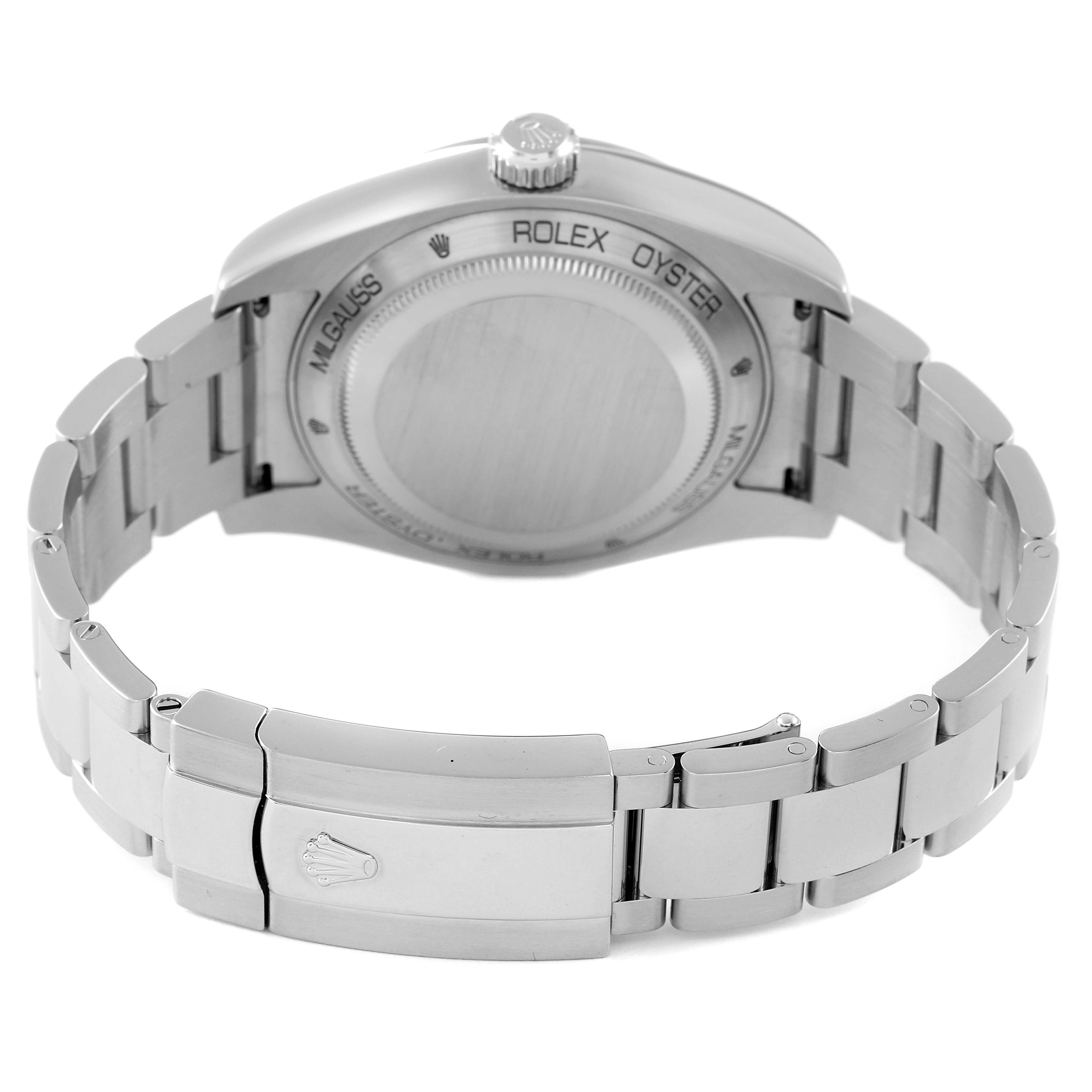 The image shows the back case and bracelet of a Rolex Milgauss 116400GV Men
s Stainless Steel Blue Dial 116400GV Men
s Stainless Steel Blue Dial watch at an angle highlighting the clasp.