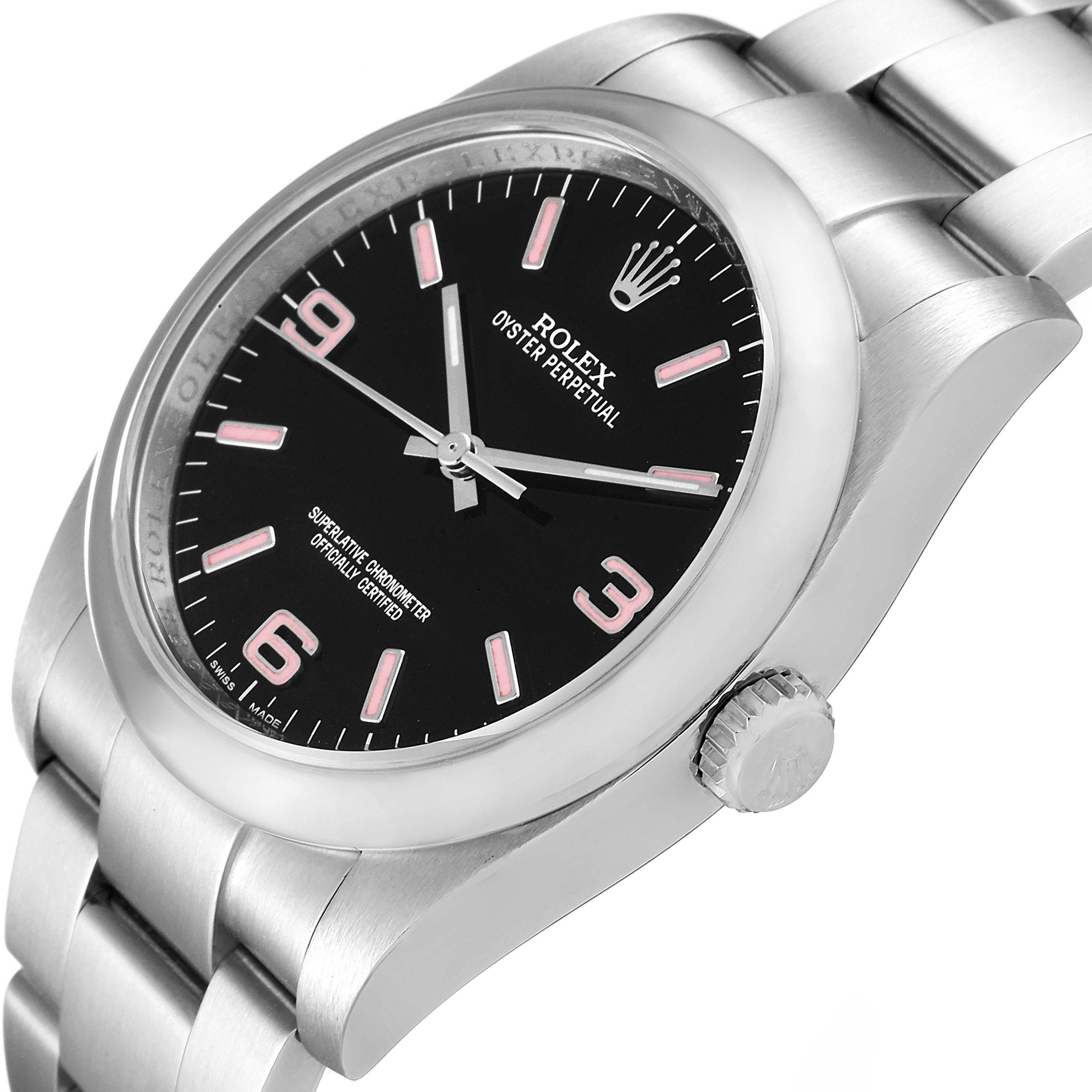 The image shows a Rolex Oyster Perpetual 116000 Men
s Stainless Steel Black Dial 116000 Men
s Stainless Steel Black Dial watch angled slightly from the front, displaying its dial, crown, and part of the bracelet.