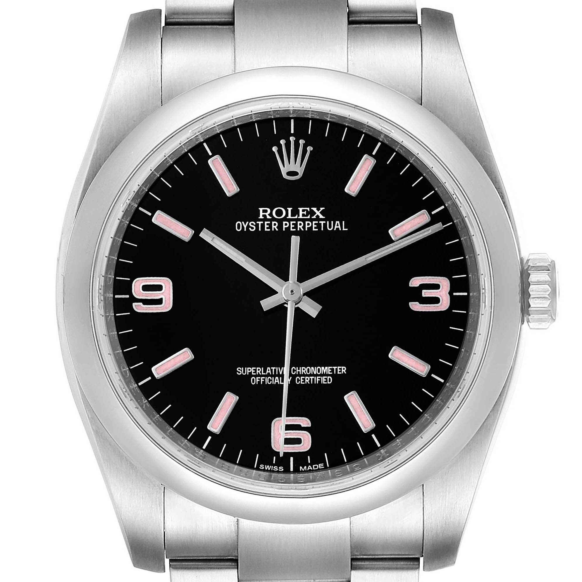The image shows a front view of a Rolex Oyster Perpetual 116000 Men
s Stainless Steel Black Dial 116000 Men
s Stainless Steel Black Dial watch, highlighting its black dial, hour markers, and crown.