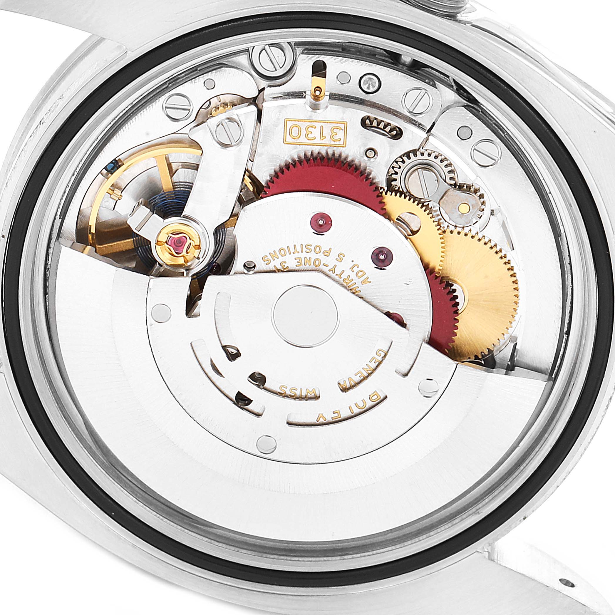 This image shows the internal mechanical movement of a Rolex Oyster Perpetual 116000 Men
s Stainless Steel Black Dial 116000 Men
s Stainless Steel Black Dial watch, viewed from the back.