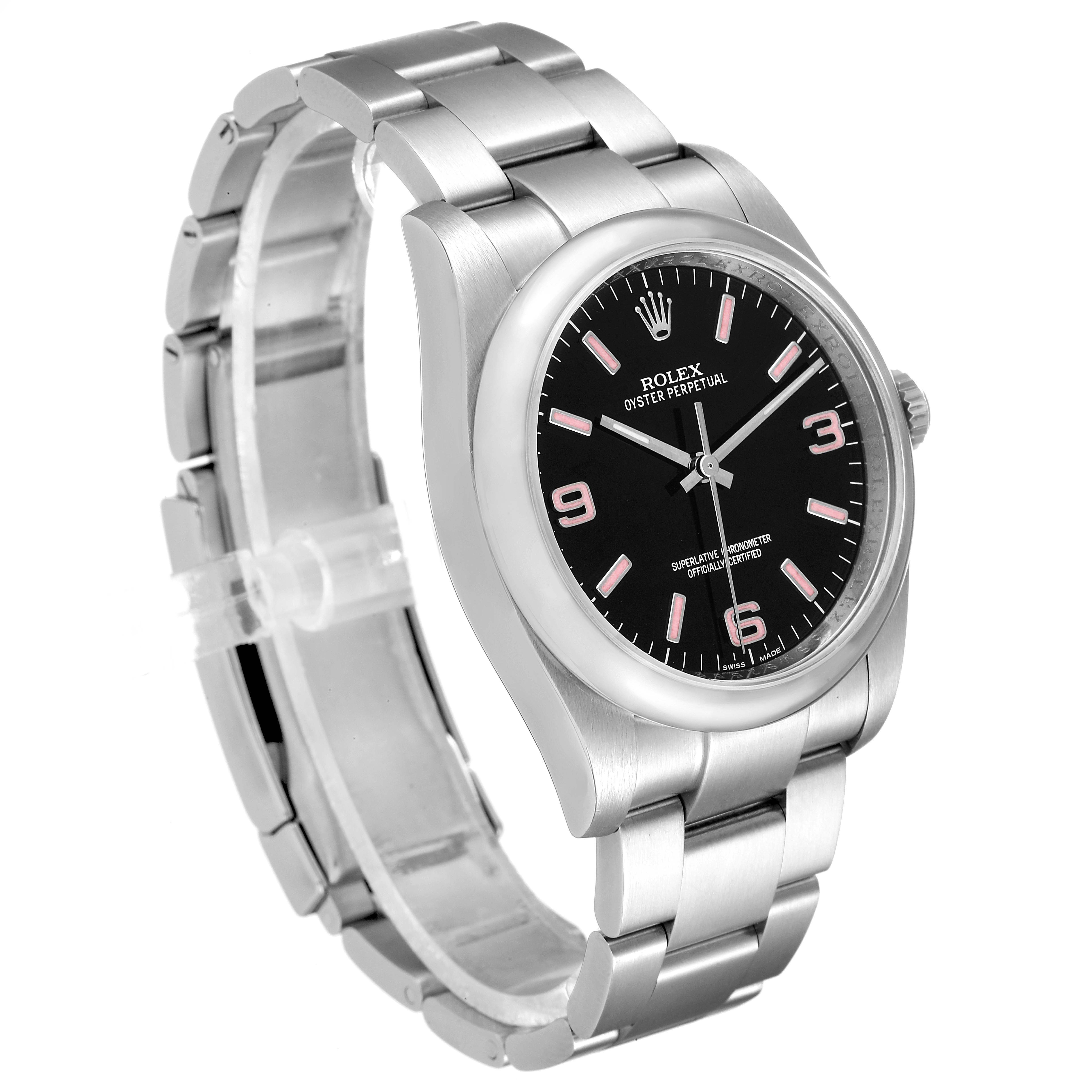 The image shows a Rolex Oyster Perpetual 116000 Men
s Stainless Steel Black Dial 116000 Men
s Stainless Steel Black Dial watch at a 3/4 angle, displaying the face, case, and partial bracelet with a black dial.