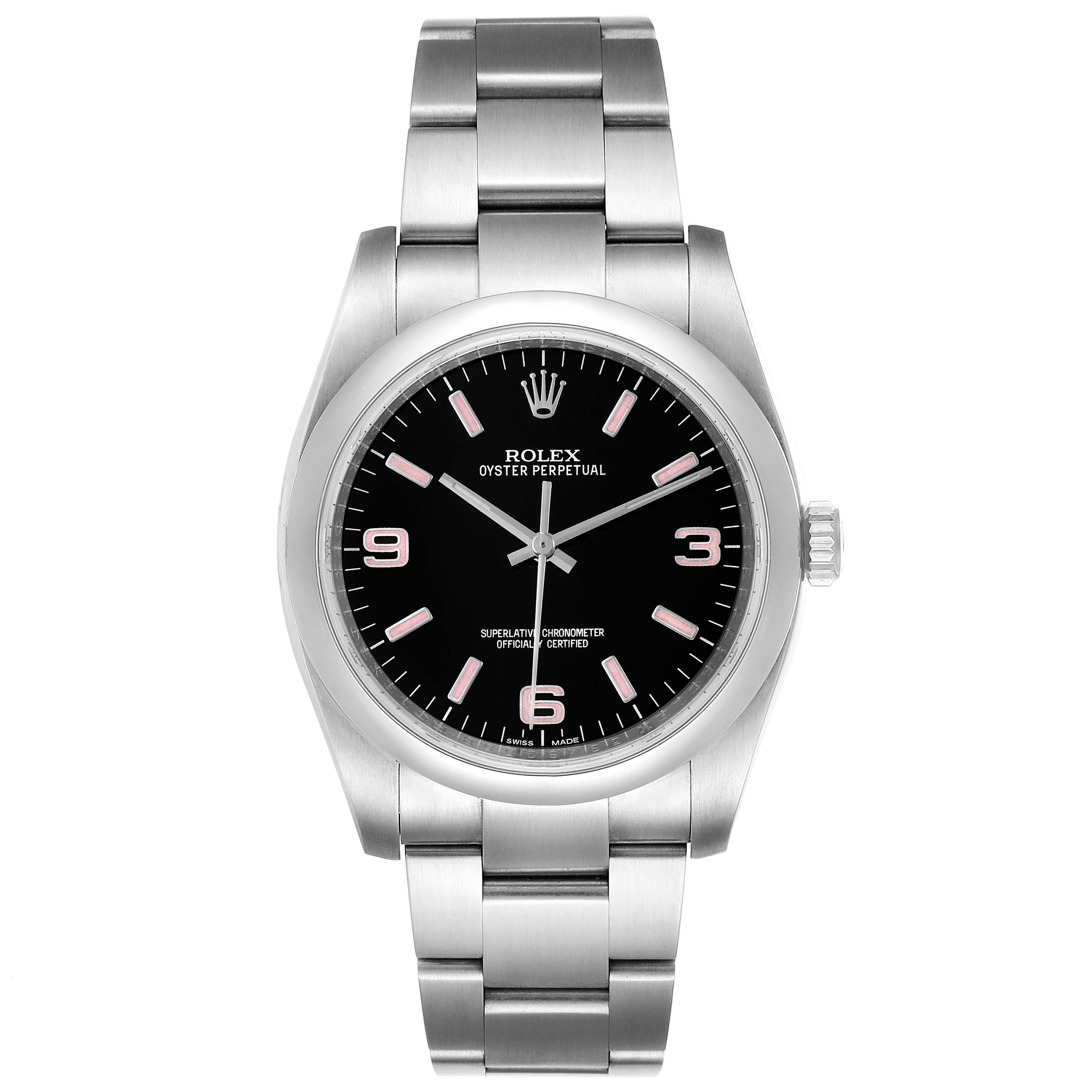 The image shows a front view of a Rolex Oyster Perpetual 116000 Men
s Stainless Steel Black Dial 116000 Men
s Stainless Steel Black Dial watch, displaying the dial, bezel, bracelet, and crown.