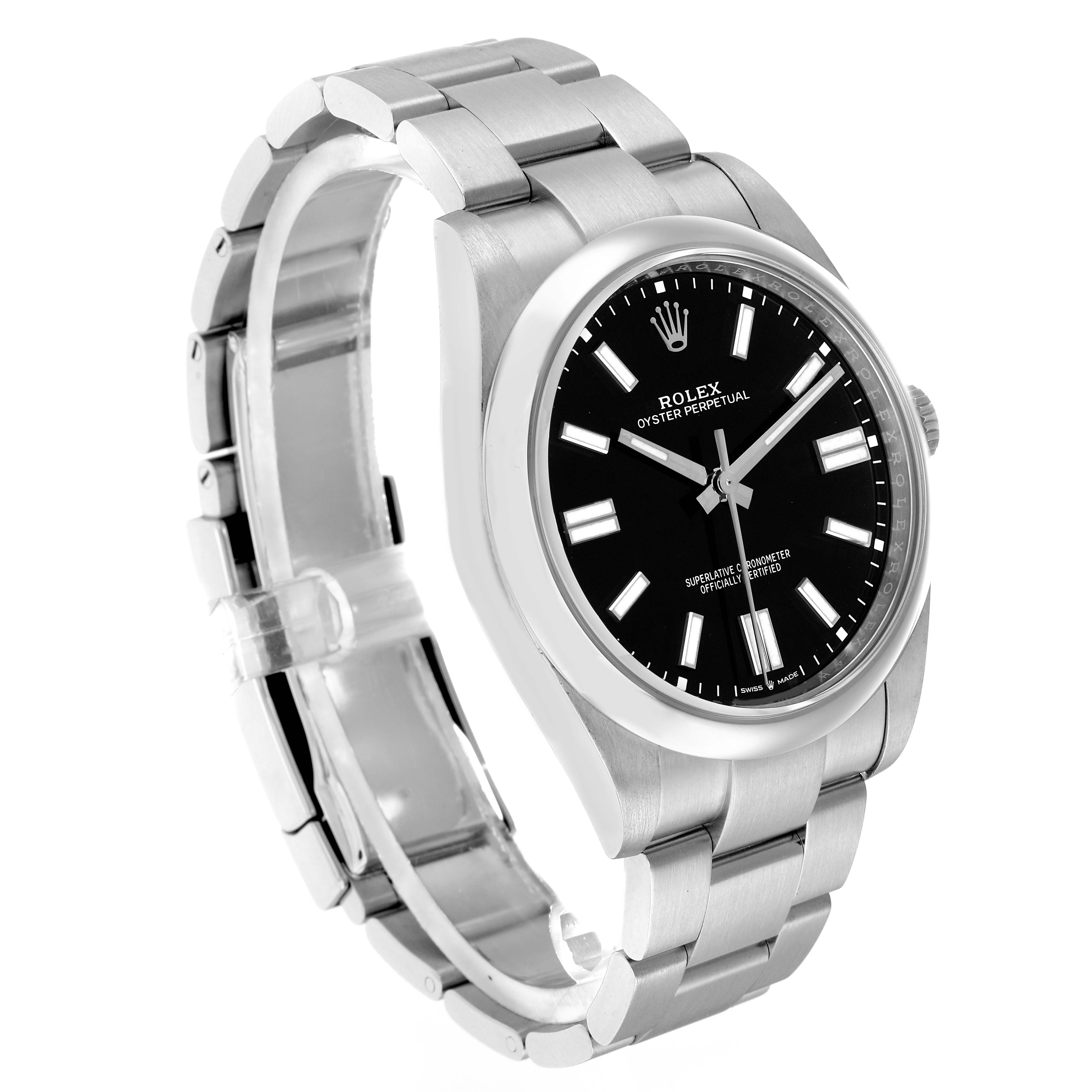 The Rolex Oyster Perpetual 124300 Men
s Stainless Steel Black Dial watch is shown at a slight angle, displaying the face, bezel, crown, and part of the bracelet.