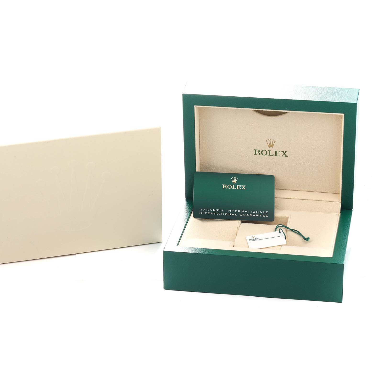 The image shows the packaging for a Rolex Oyster Perpetual 124300 Men
s Stainless Steel Black Dial watch, including the box and warranty card.