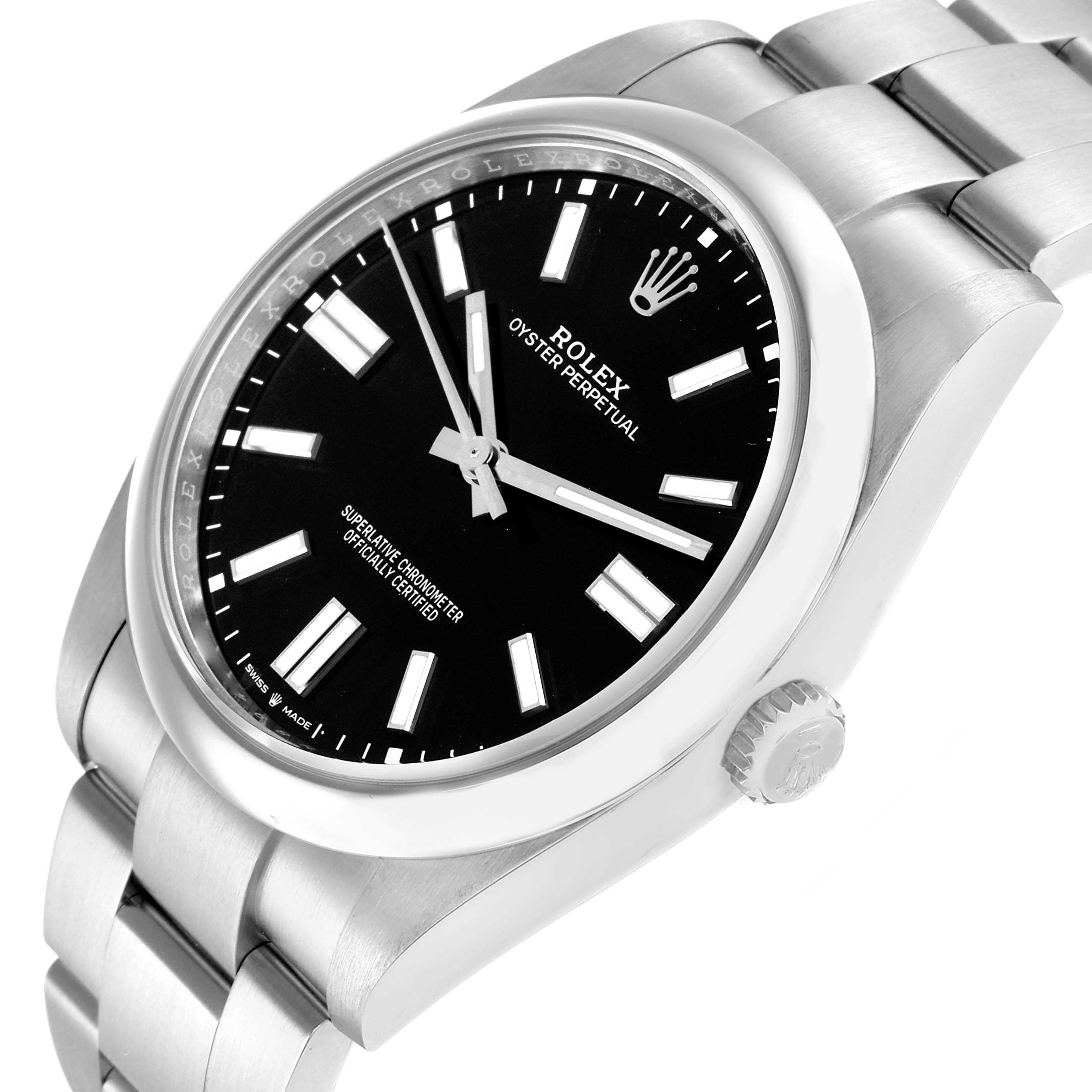 The Rolex Oyster Perpetual 124300 Men
s Stainless Steel Black Dial watch is shown at an angled view, highlighting the dial, case, bezel, and partially the bracelet.