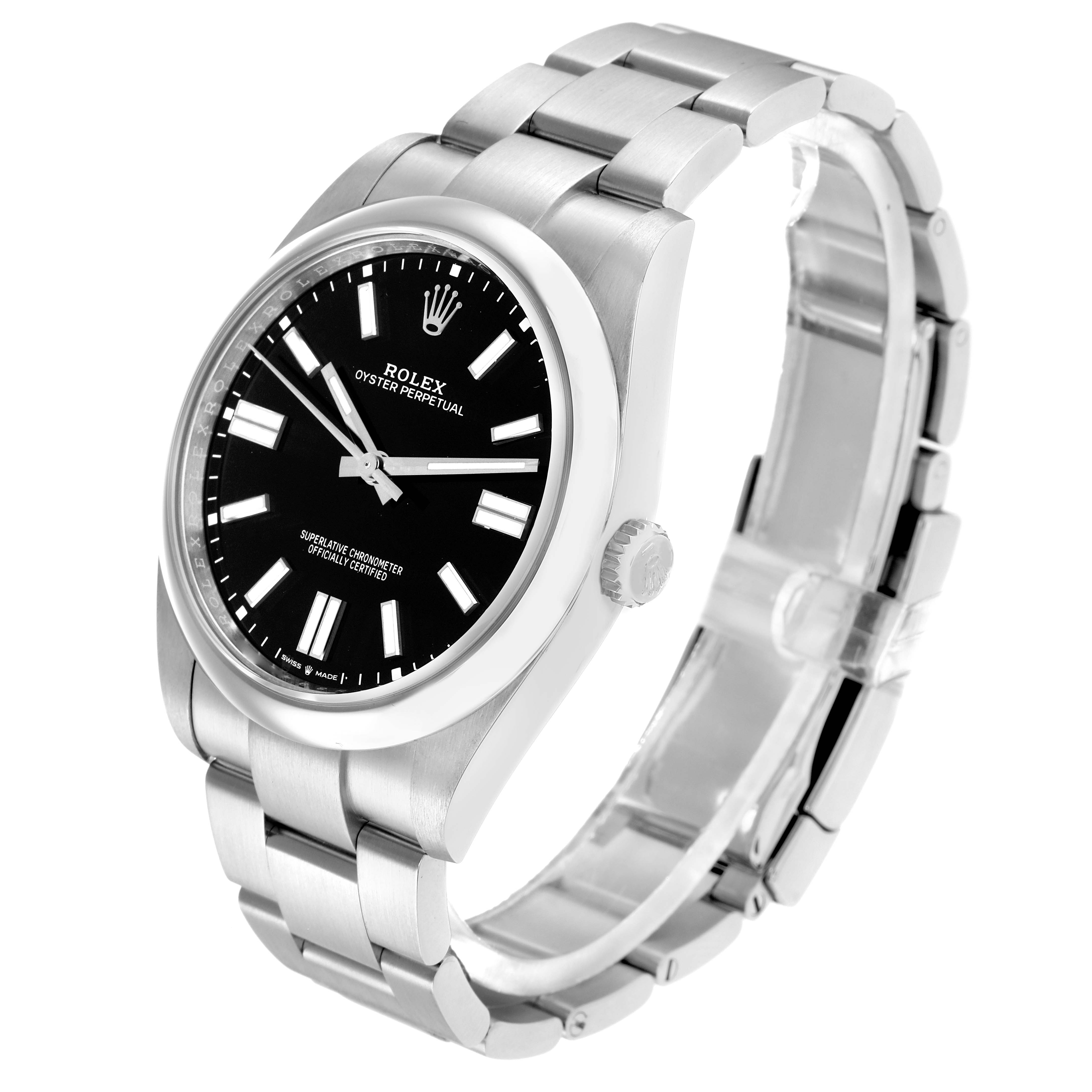 The Rolex Oyster Perpetual 124300 Men
s Stainless Steel Black Dial watch is shown at a three-quarter angle, displaying the dial, case, crown, and bracelet.