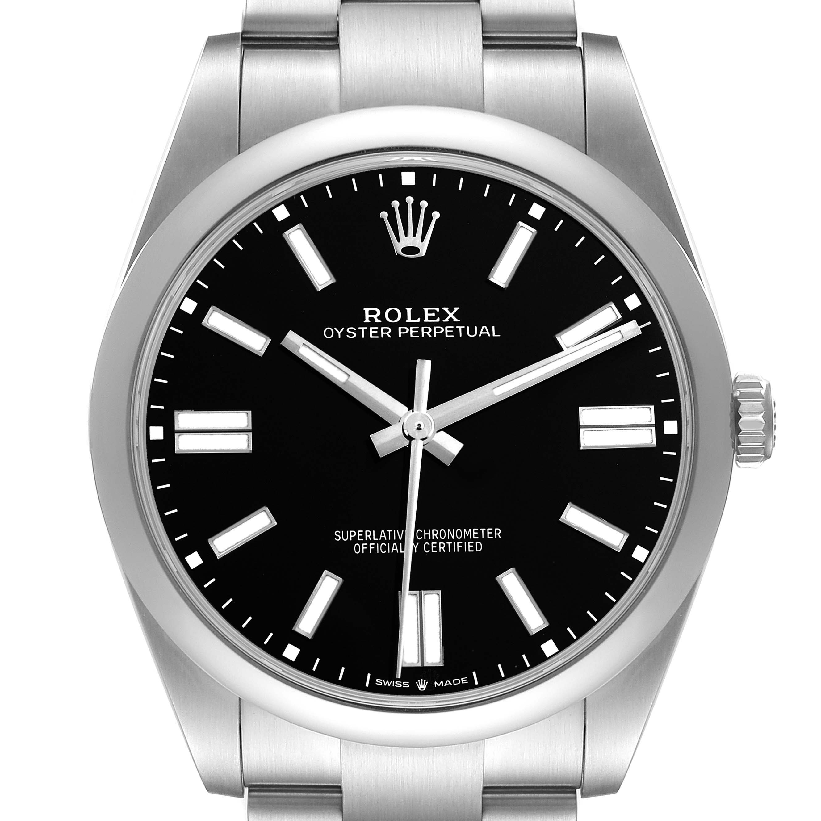 The Rolex Oyster Perpetual 124300 Men
s Stainless Steel Black Dial watch is shown from the front, featuring the dial, bezel, case, crown, and part of the bracelet.