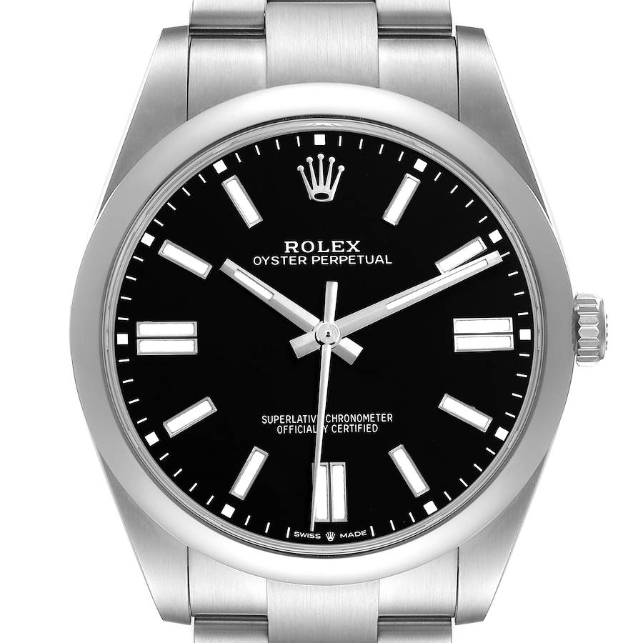 The Rolex Oyster Perpetual 124300 Men's Stainless Steel Black Dial watch is shown from the front, featuring the dial, bezel, case, crown, and part of the bracelet.