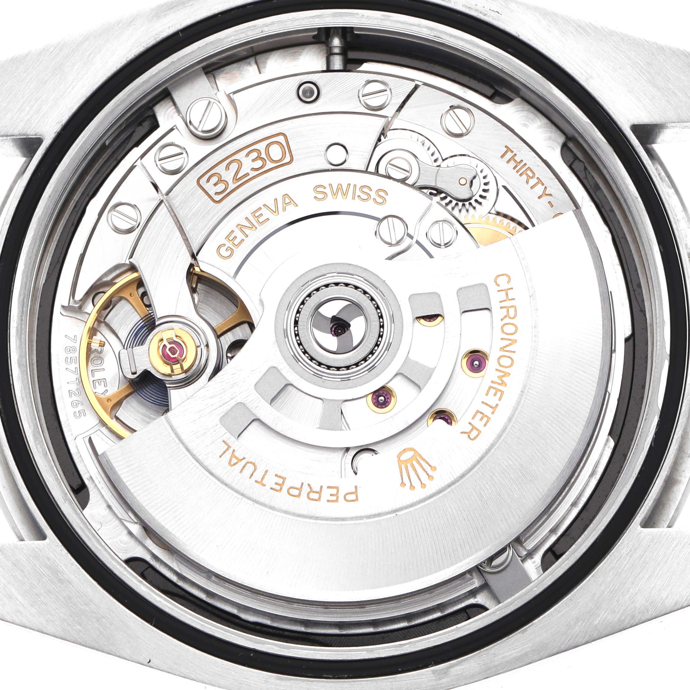This image shows the movement of a Rolex Oyster Perpetual 124300 Men
s Stainless Steel Black Dial watch from a back angle, highlighting the rotor and internal mechanisms.