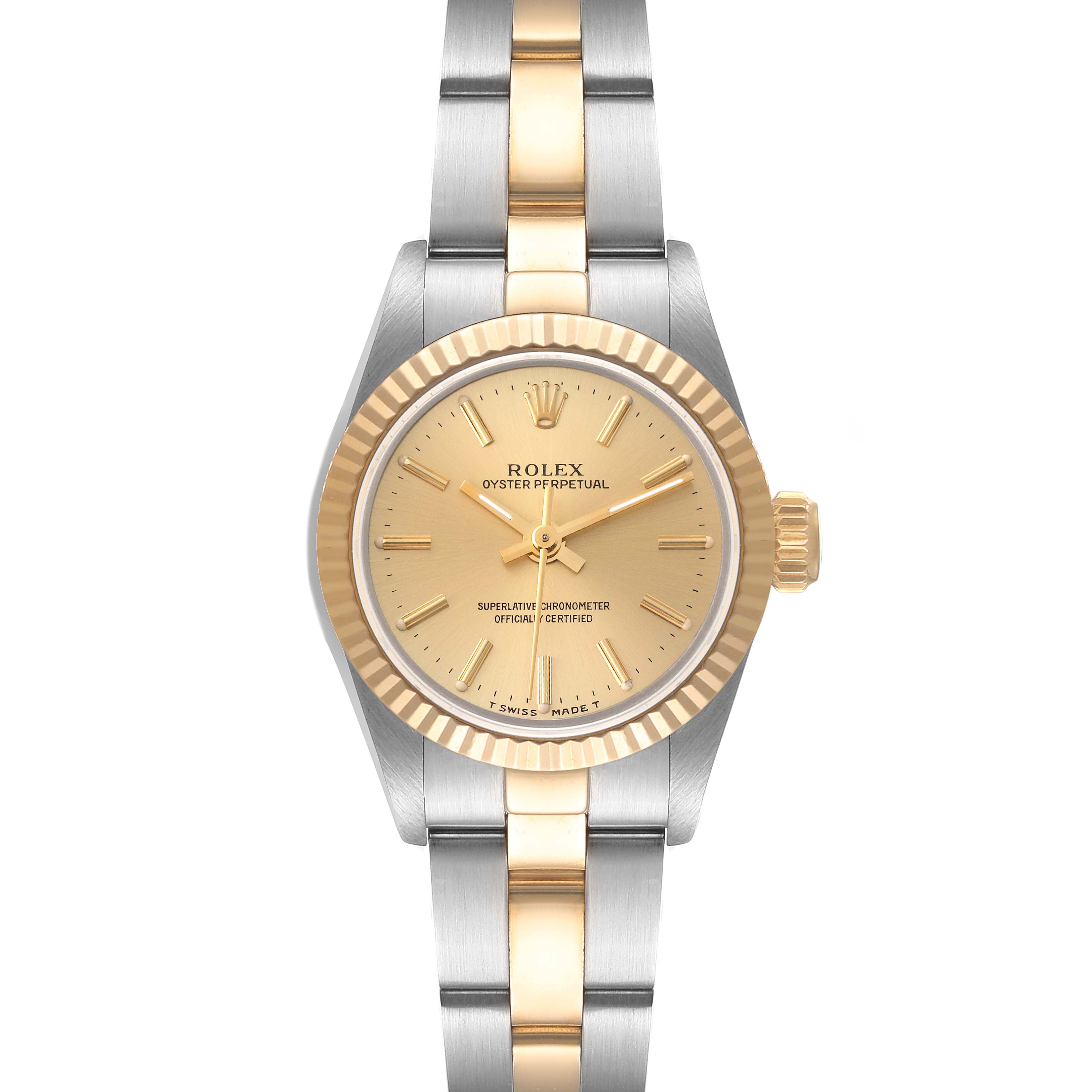 This image shows a frontal view of a Rolex Oyster Perpetual 67193 Women's Steel and Gold (two tone) Champagne Dial 67193 Women's Steel and Gold (two tone) Champagne Dial watch, highlighting its gold bezel, dial, and two-tone bracelet.