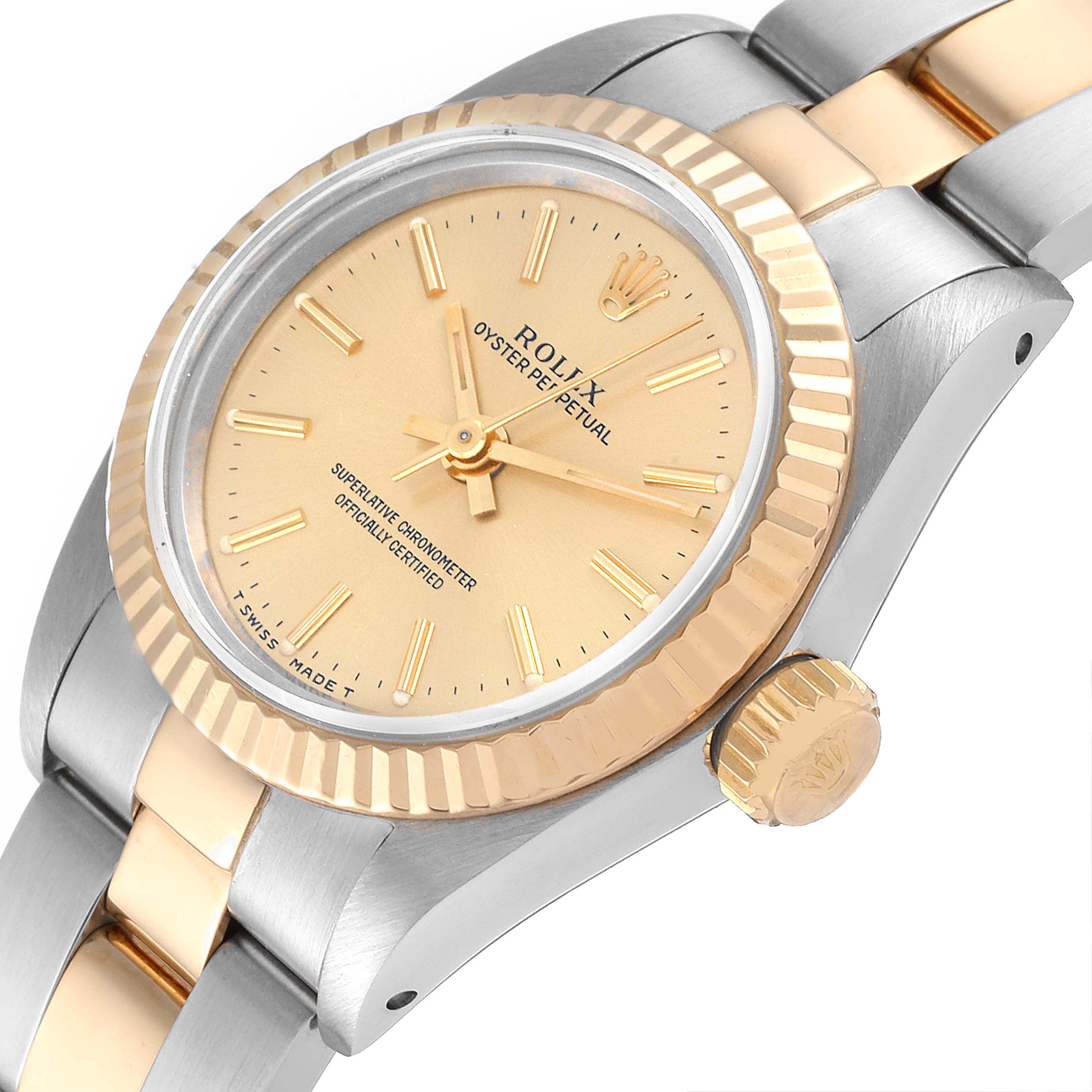The image shows a Rolex Oyster Perpetual 67193 Women's Steel and Gold (two tone) Champagne Dial 67193 Women's Steel and Gold (two tone) Champagne Dial watch from a tilted top angle, highlighting the dial, bezel, and part of the bracelet.