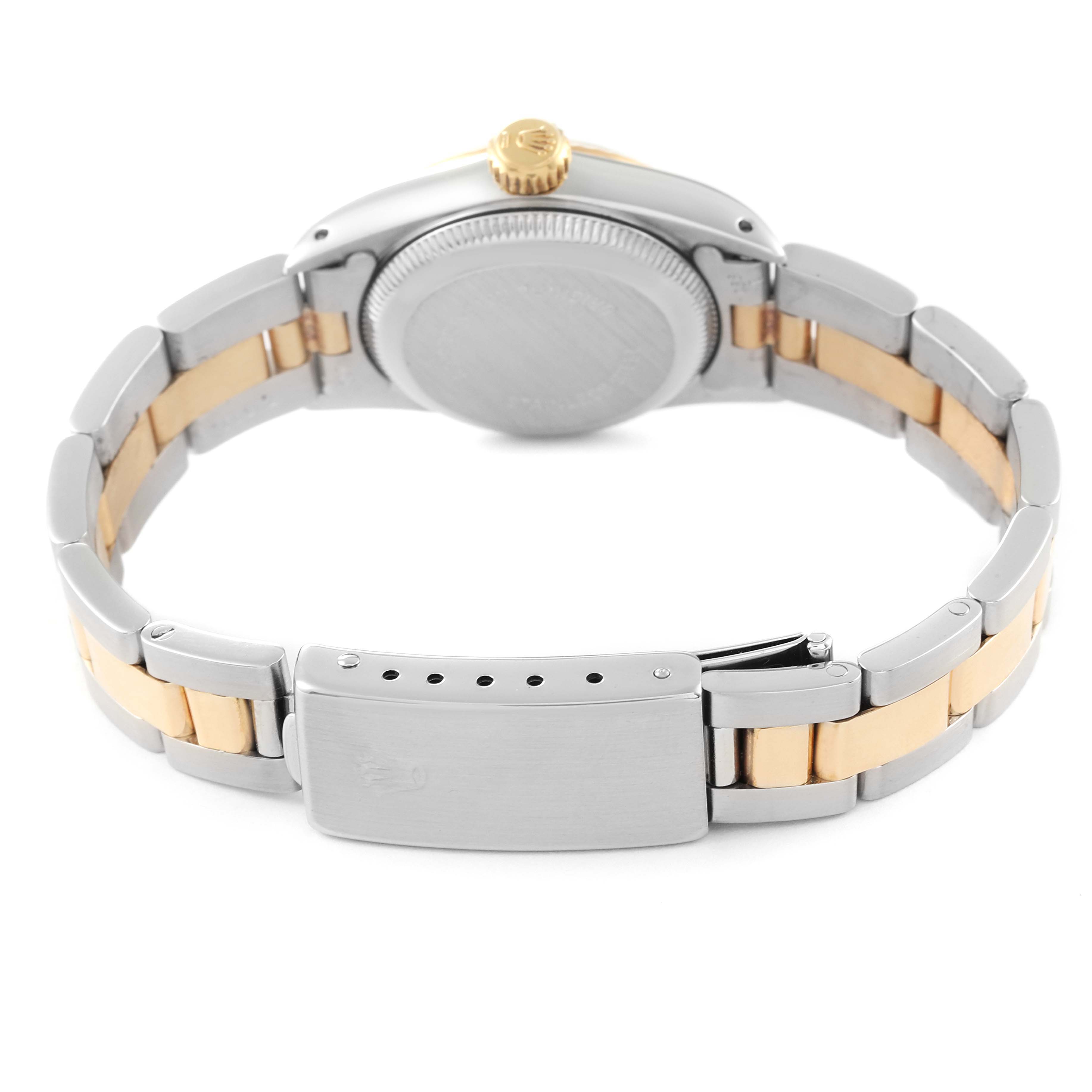 The image shows the back view of a Rolex Oyster Perpetual 67193 Women
s Steel and Gold (two tone) Champagne Dial 67193 Women
s Steel and Gold (two tone) Champagne Dial watch, highlighting its clasp, bracelet, and caseback.