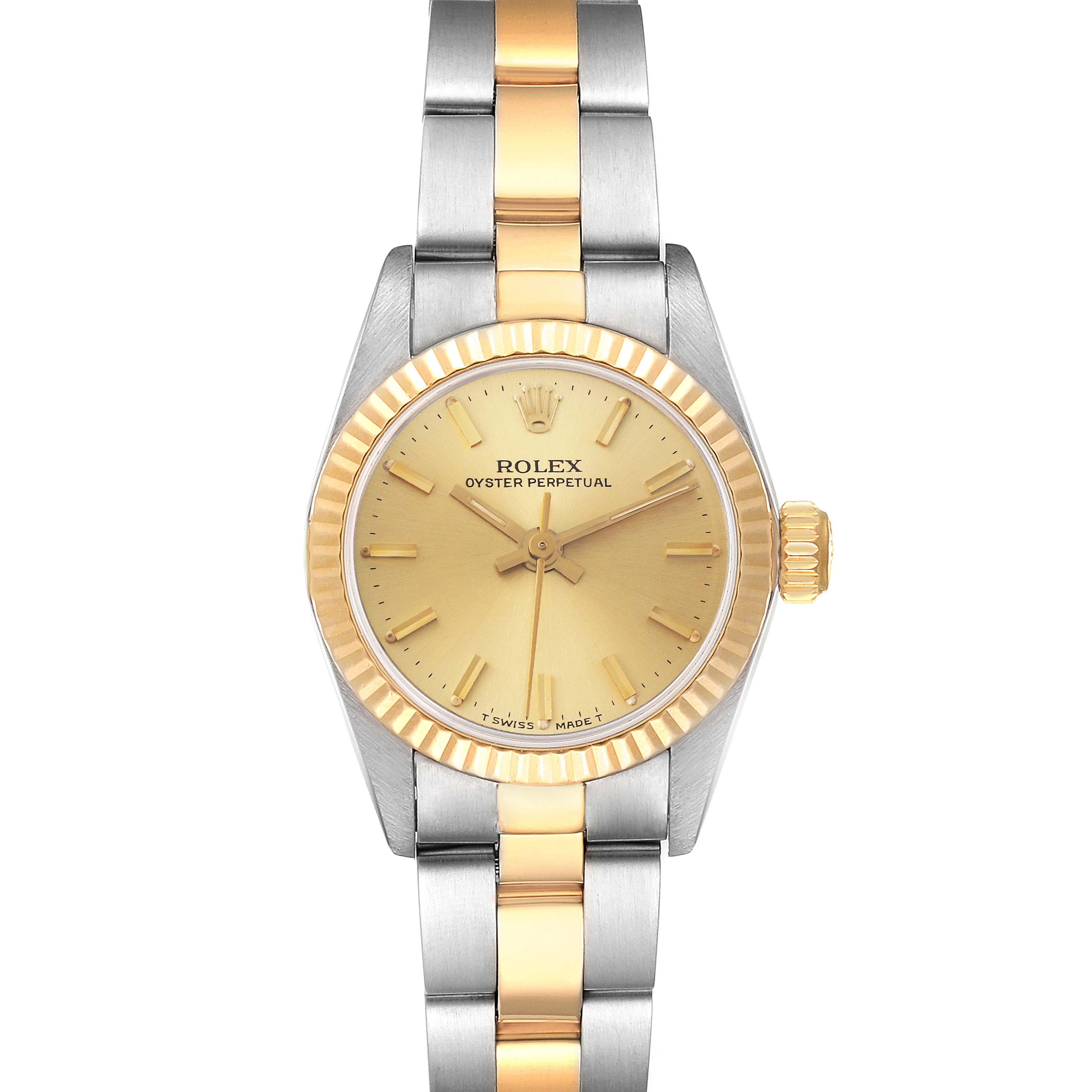 This Rolex Oyster Perpetual 67193 Women
s Steel and Gold (two tone) Champagne Dial 67193 Women
s Steel and Gold (two tone) Champagne Dial watch is shown from a top-down angle, highlighting its gold and silver dial and bracelet.