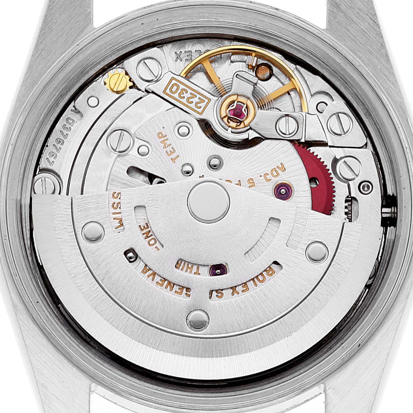 This image shows the inner mechanism of a Rolex Oyster Perpetual 76193 Women's Steel and Gold (two tone) Silver Dial 76193 Women's Steel and Gold (two tone) Silver Dial watch from a top-down angle.