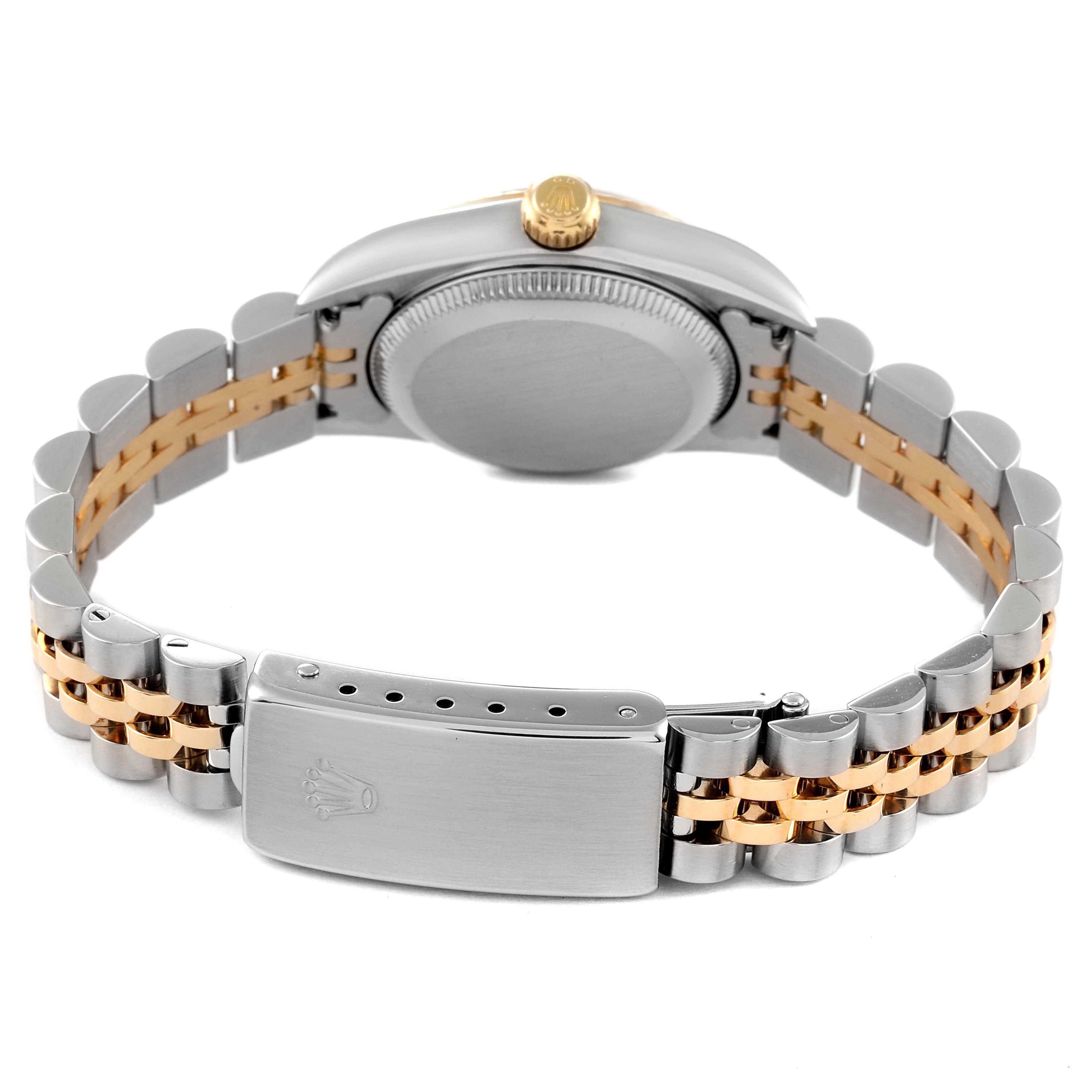 This image shows the back case and bracelet clasp of a Rolex Oyster Perpetual 76193 Women's Steel and Gold (two tone) Silver Dial 76193 Women's Steel and Gold (two tone) Silver Dial watch, displaying both the two-tone band and crown.