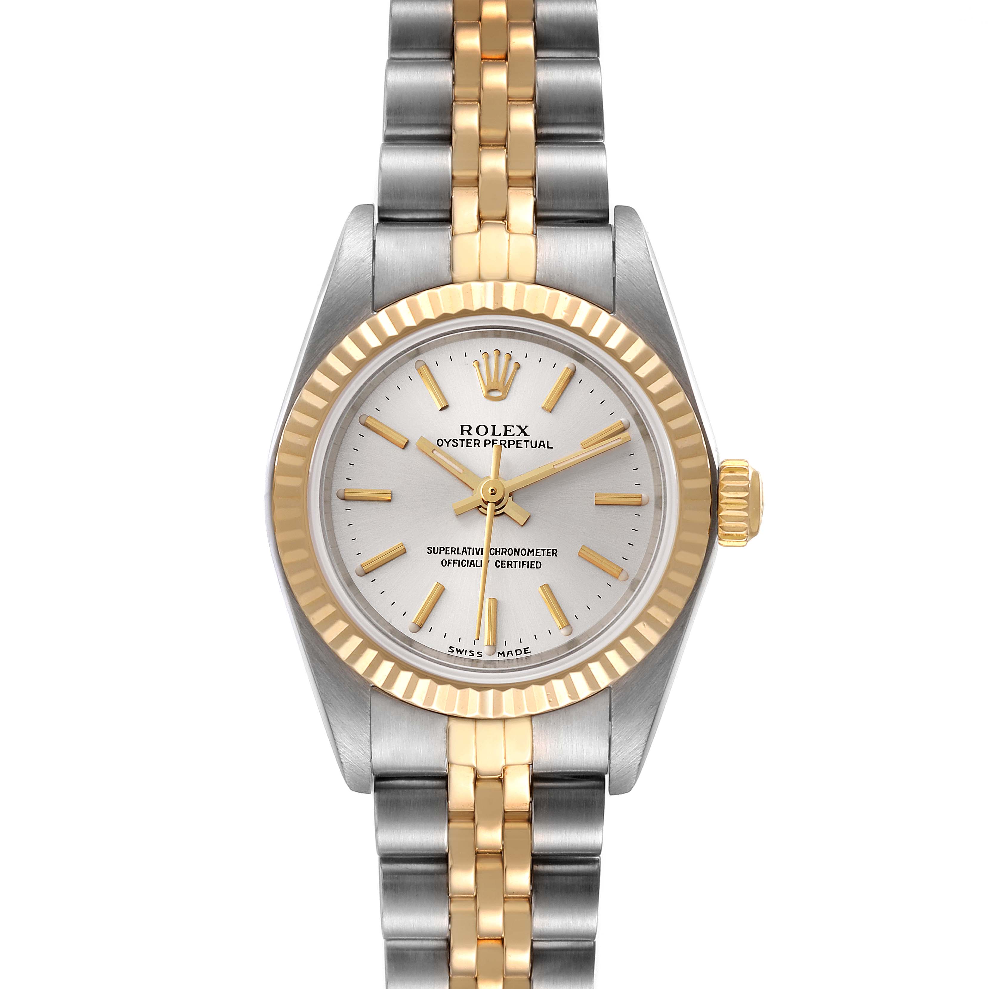 This image shows a Rolex Oyster Perpetual 76193 Women's Steel and Gold (two tone) Silver Dial 76193 Women's Steel and Gold (two tone) Silver Dial watch from the front, displaying its dial, bezel, and two-tone bracelet.