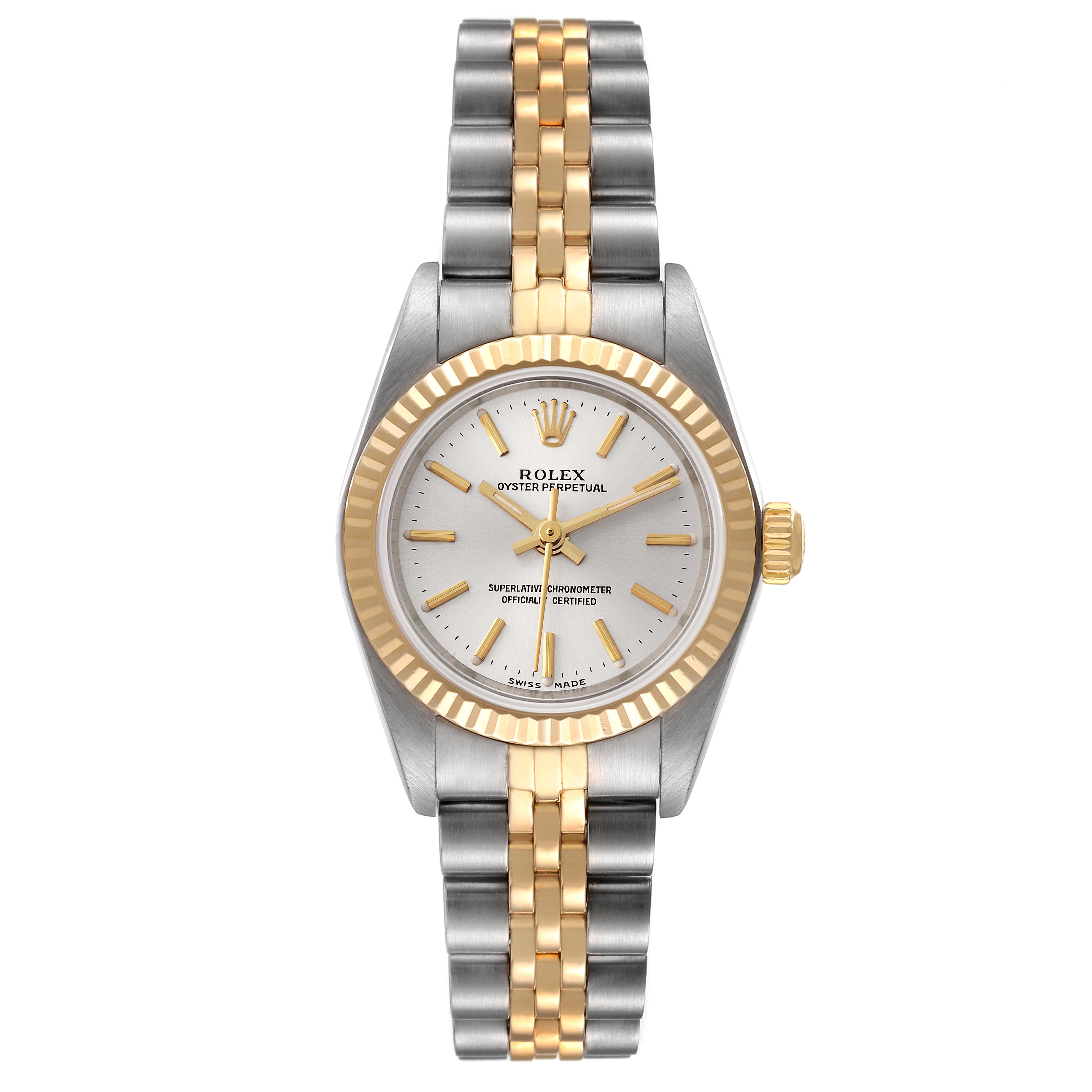 This is a front view of a Rolex Oyster Perpetual 76193 Women's Steel and Gold (two tone) Silver Dial 76193 Women's Steel and Gold (two tone) Silver Dial watch, showing the dial, bezel, and two-tone bracelet.