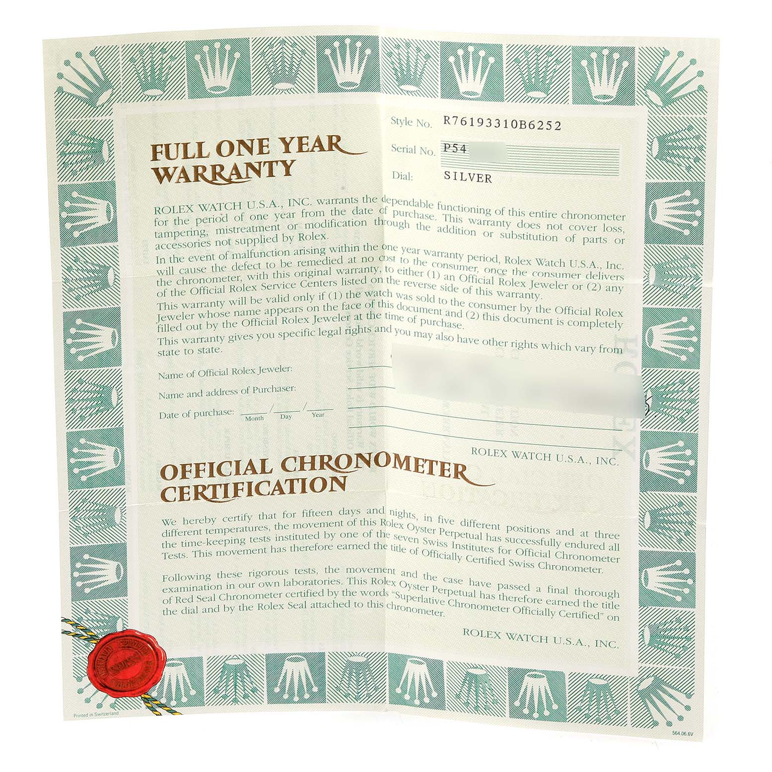 The image shows the full unfolded certificate for a Rolex Oyster Perpetual 76193 Women's Steel and Gold (two tone) Silver Dial 76193 Women's Steel and Gold (two tone) Silver Dial model, indicating warranty and chronometer certification details.