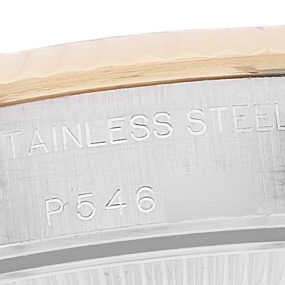 This image shows a close-up of the stainless steel casing with an engraving on a Rolex Oyster Perpetual 76193 Women's Steel and Gold (two tone) Silver Dial 76193 Women's Steel and Gold (two tone) Silver Dial watch.