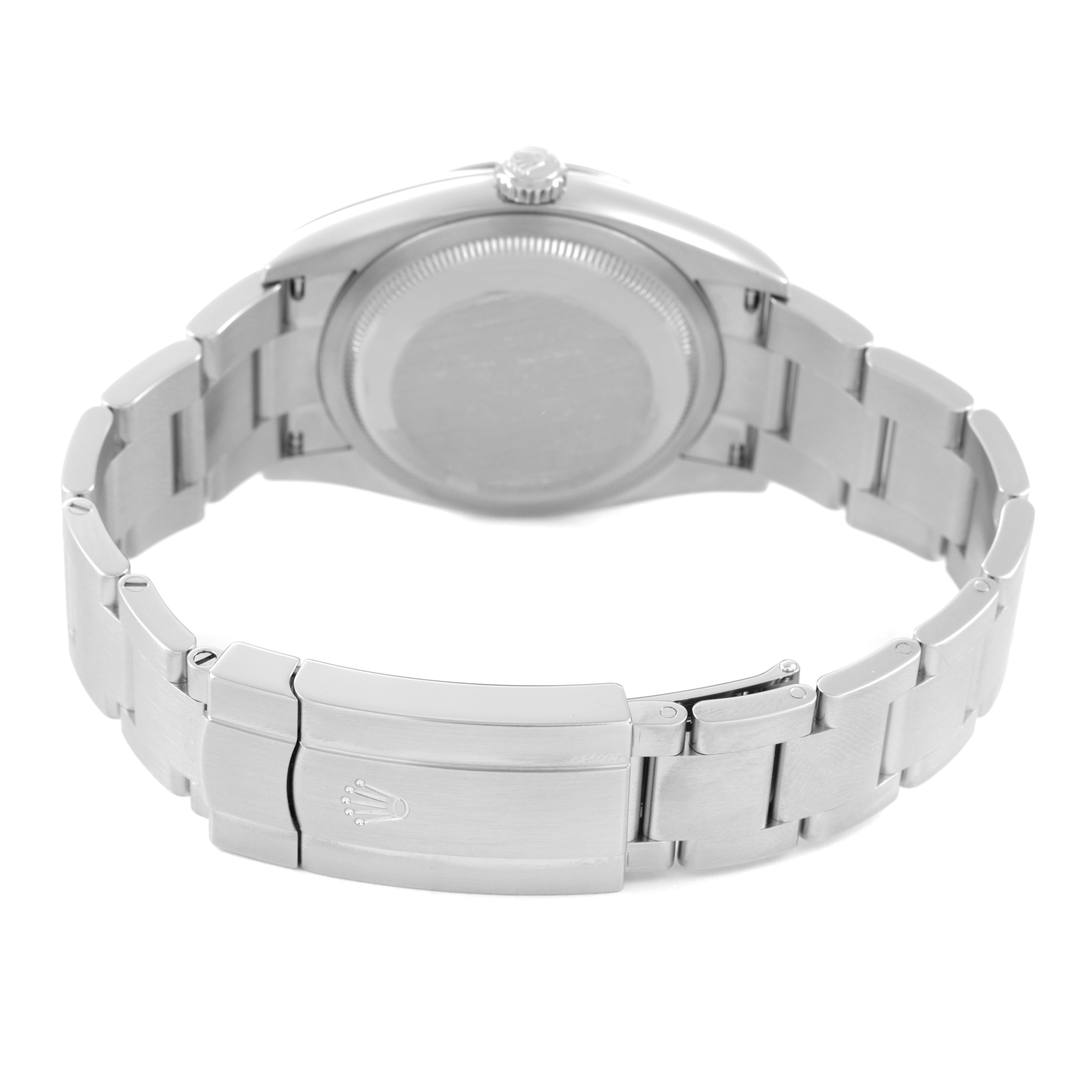 The image shows the back and clasp of a Rolex Oyster Perpetual 126000 Men's Stainless Steel Blue Dial, highlighting its bracelet and case back.