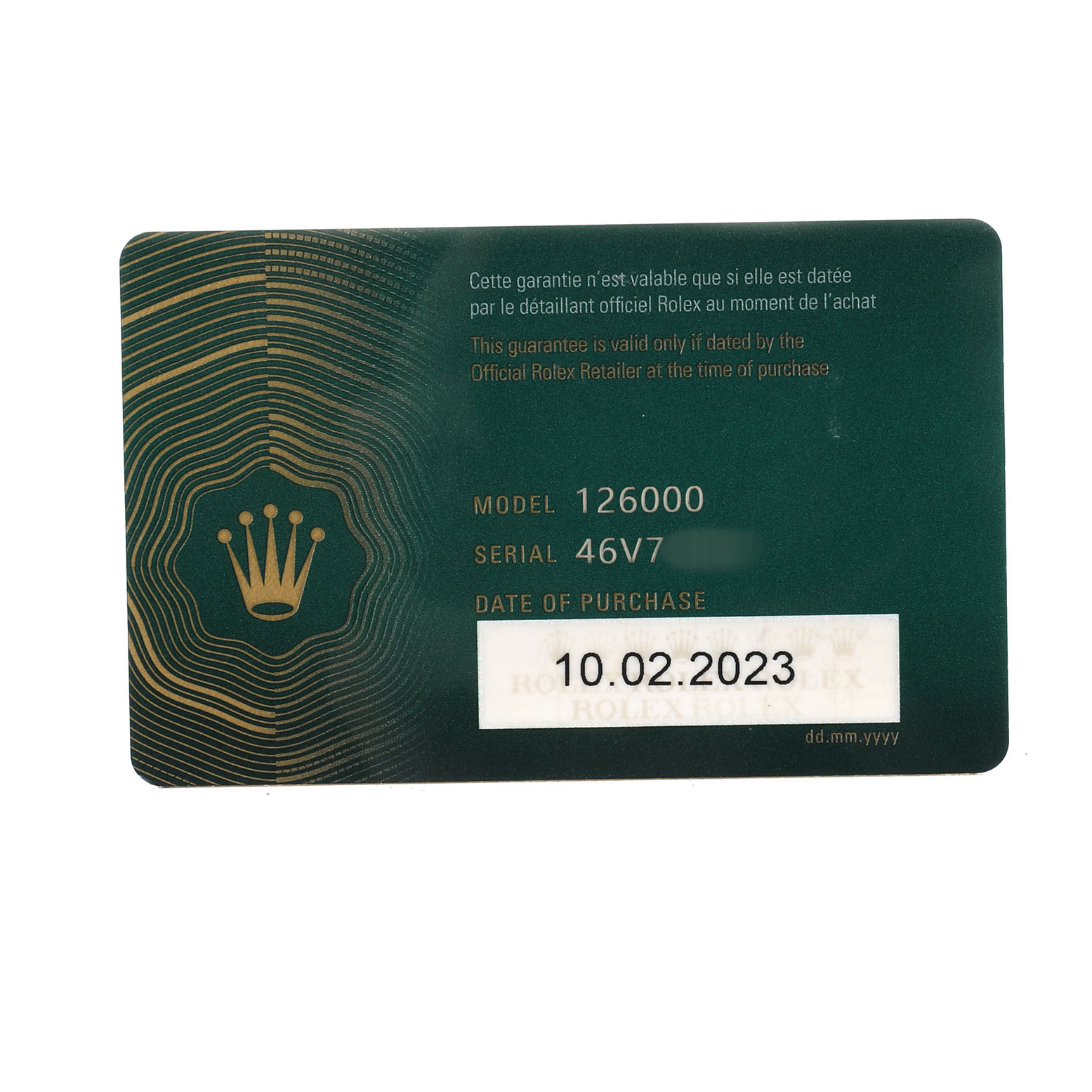 The image shows a warranty card for a Rolex Oyster Perpetual 126000 Men's Stainless Steel Blue Dial model 126000, displaying model, serial, and purchase date.
