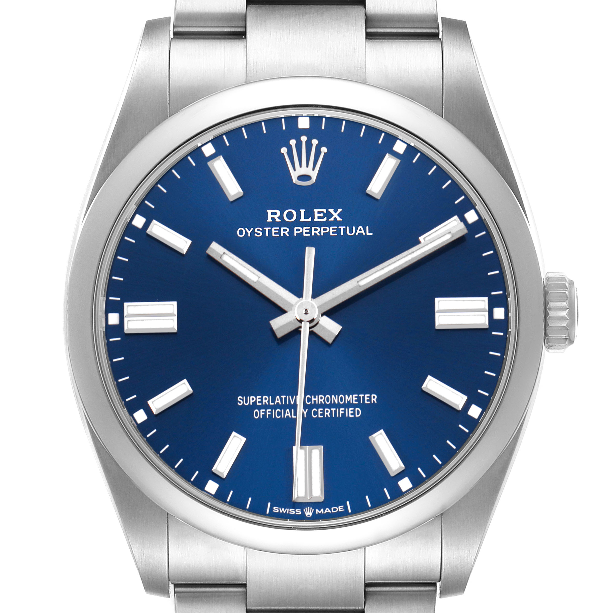 The Rolex Oyster Perpetual 126000 Men's Stainless Steel Blue Dial watch is shown from the front, displaying the blue dial, hands, hour markers, and bracelet.