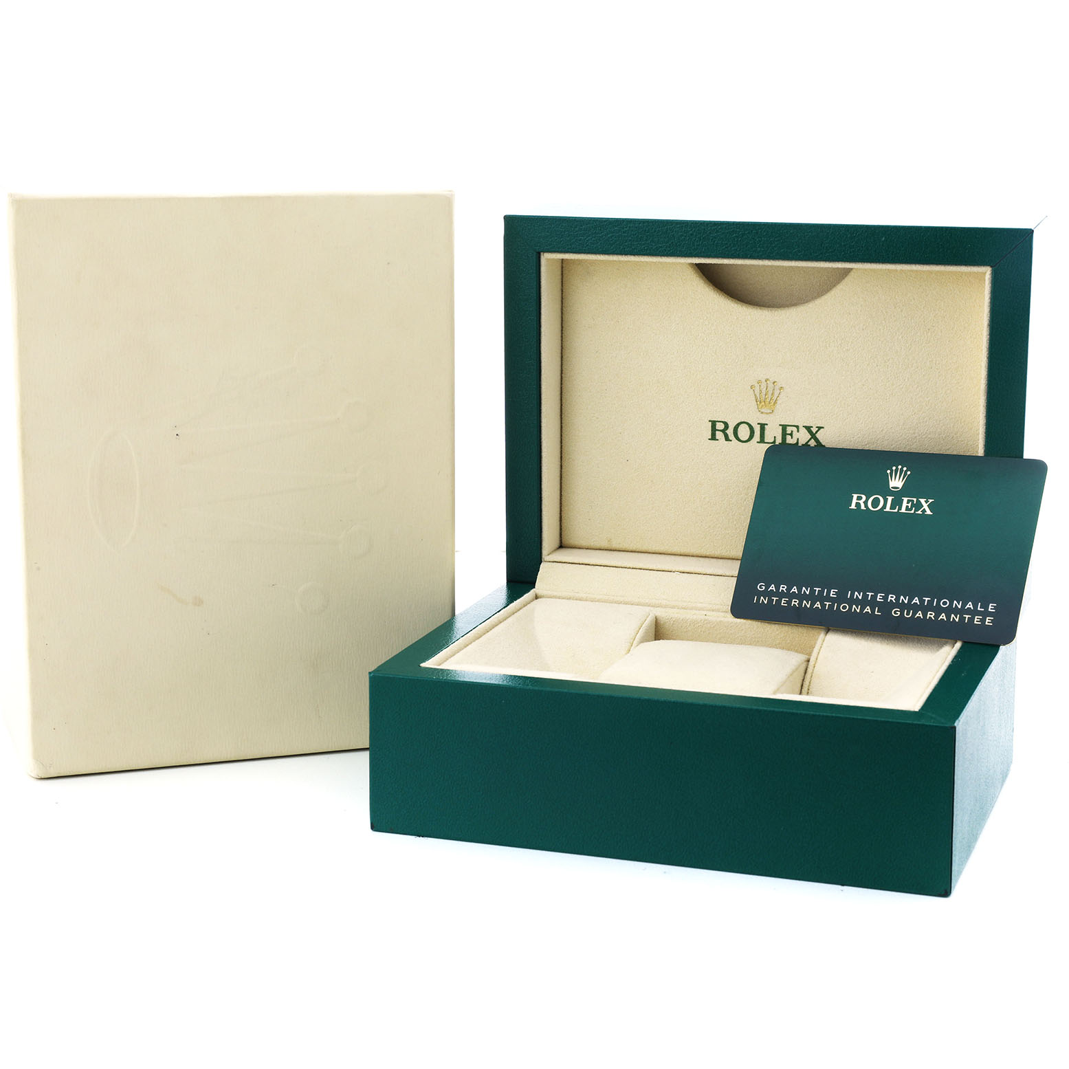 The image shows the packaging and guarantee card for a Rolex Oyster Perpetual 126000 Men's Stainless Steel Blue Dial watch.