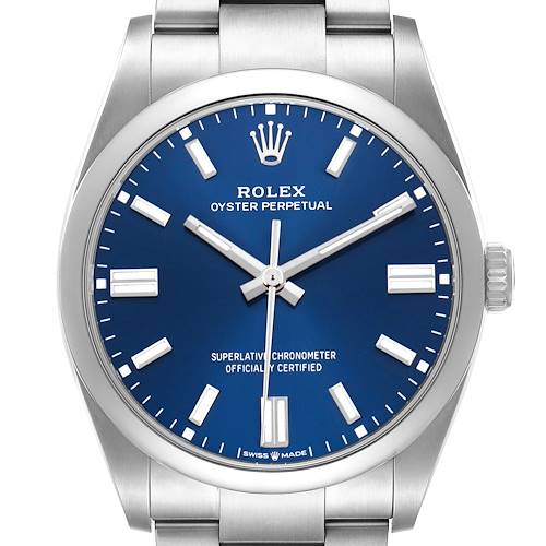 The Rolex Oyster Perpetual 126000 Men's Stainless Steel Blue Dial watch is shown from a front angle, highlighting its blue dial, crown, and part of the bracelet.